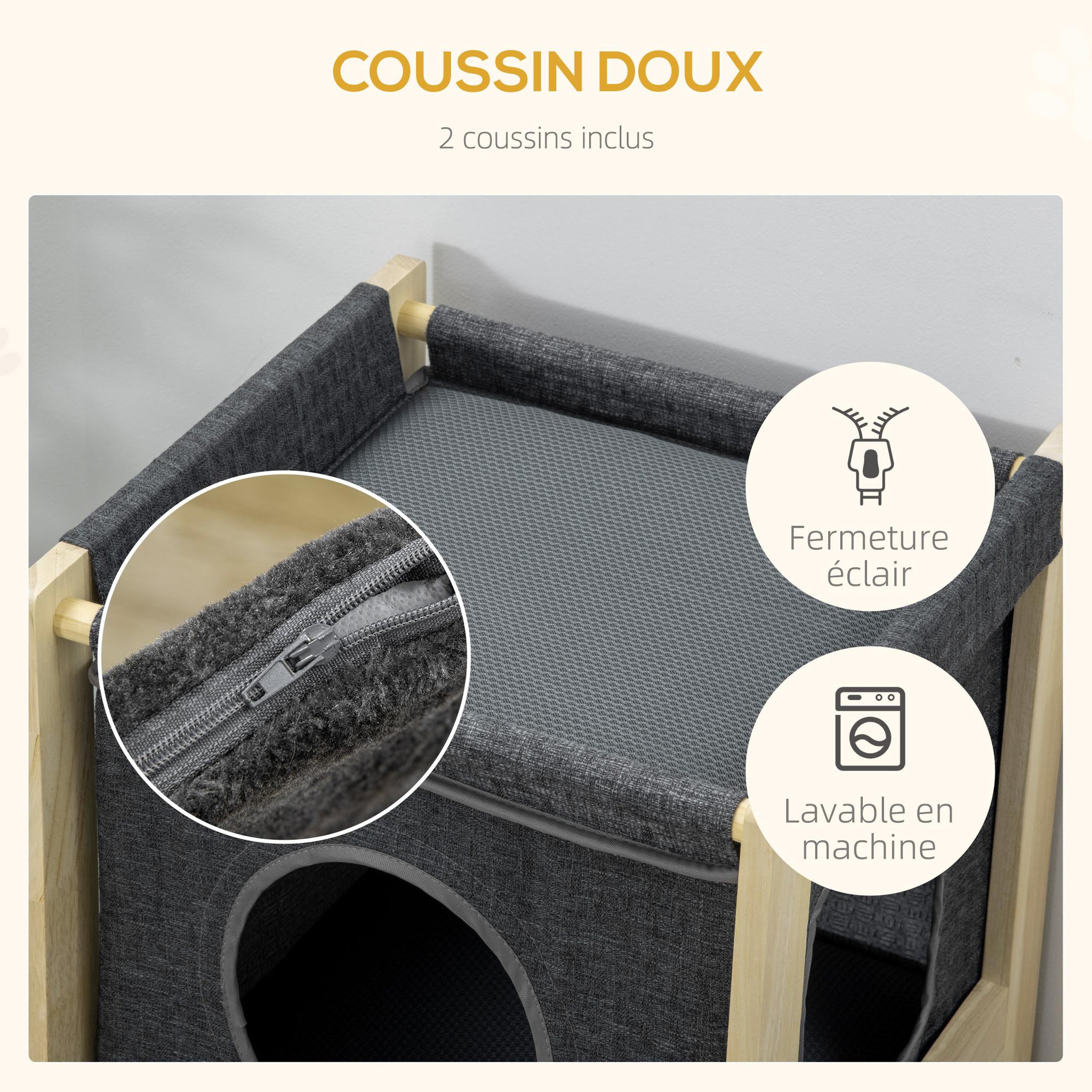 Voir la diapositive 5 : PAWHUT Maison grattoir pour chat - niche chat panier chat - 2 coussins housses amovibles, 2 niv. - bois de pin polyester gris