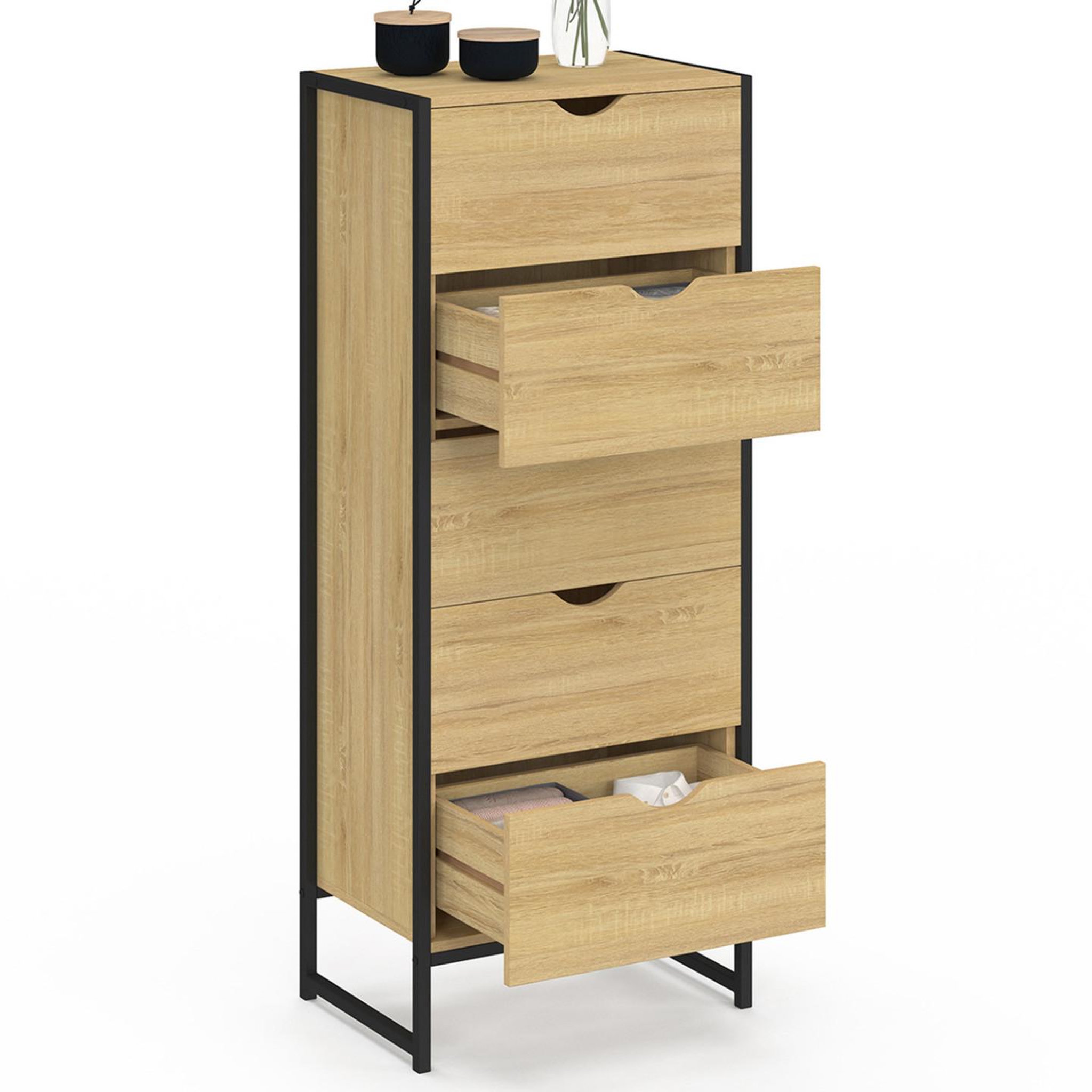 Voir la diapositive 4 : ID MARKET Chiffonnier 5 tiroirs detroit 45x30x110 cm commode semainier design industriel