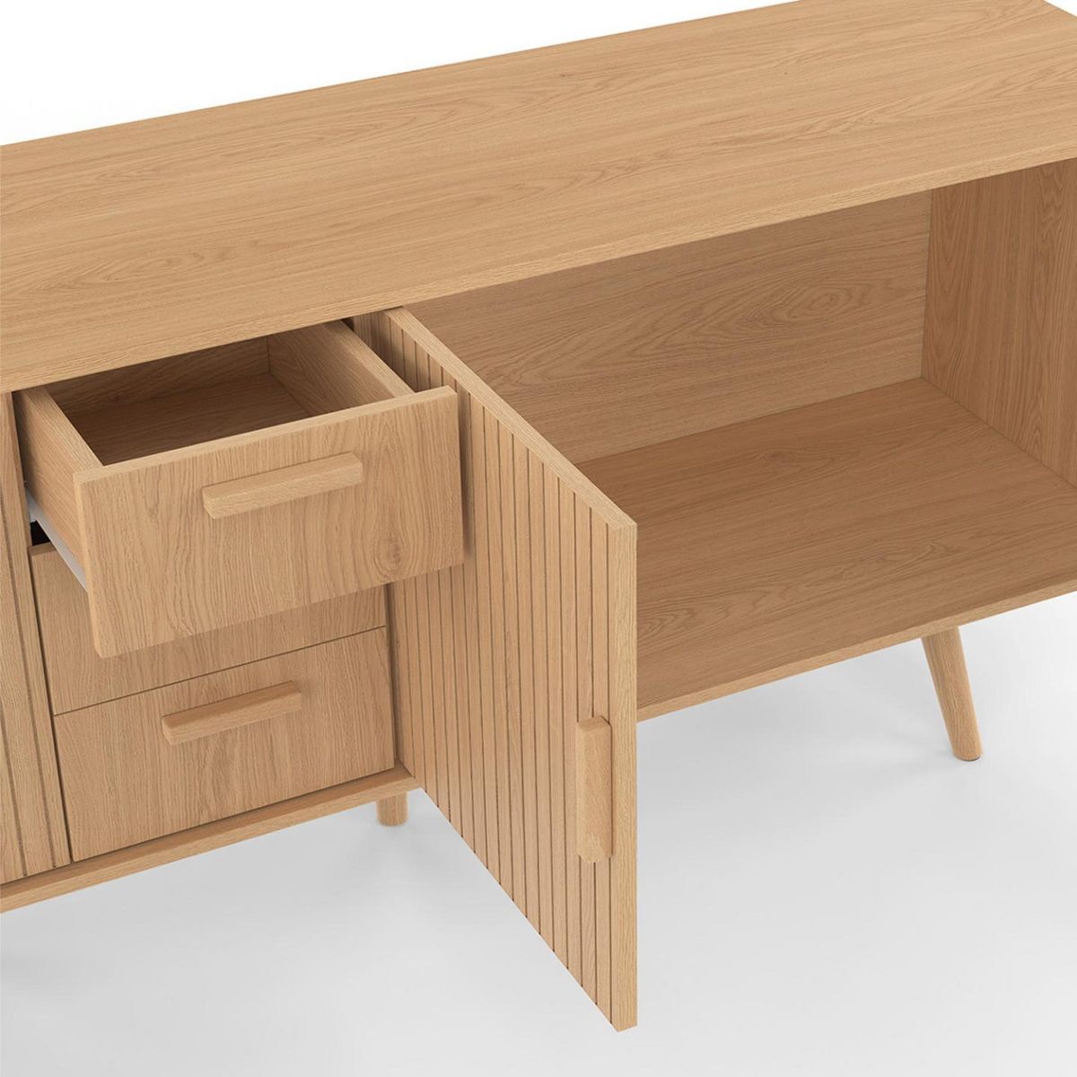 ID MARKET Buffet 180 cm JULIETTE XXL 4 portes et 3 tiroirs effet lattes tasseau bois