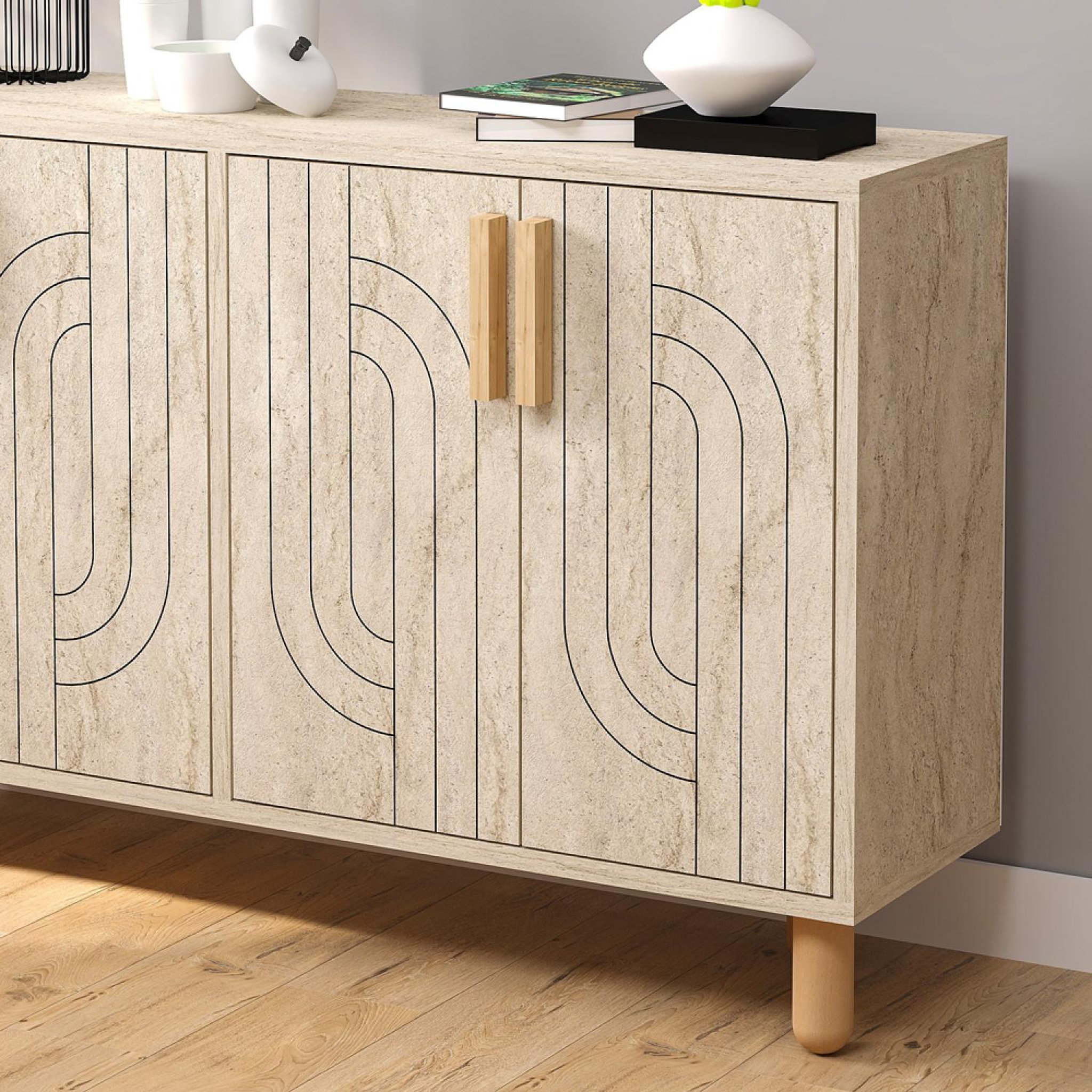 Voir la diapositive 4 : CONCEPT USINE Buffet à 4 portes effet travertin nervuré 120x73cm RODY