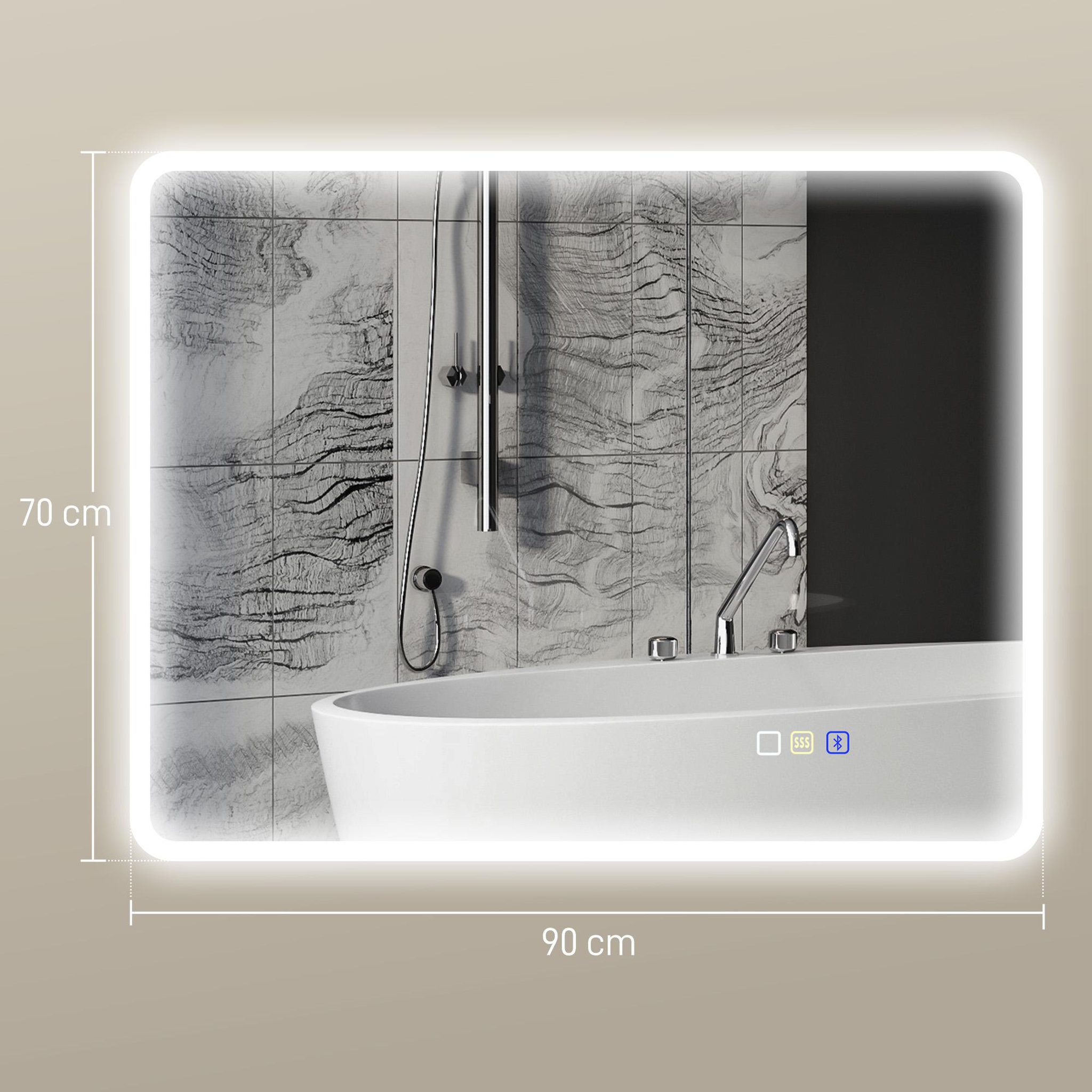 Voir la diapositive 3 : HOMCOM Miroir lumineux led salle de bain 90 x 70 cm bluetooth interrupteur tactile lumière réglable 3 couleurs fonction anti-buée et mémoire