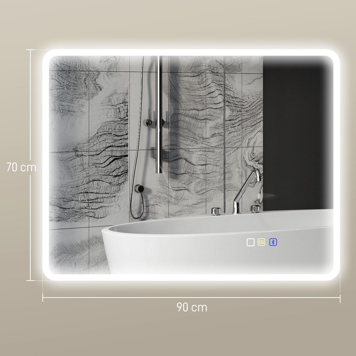 HOMCOM Miroir lumineux LED salle de bain 90 x 70 cm bluetooth interrupteur tactile lumière réglable 3 couleurs fonction anti-buée et mémoire