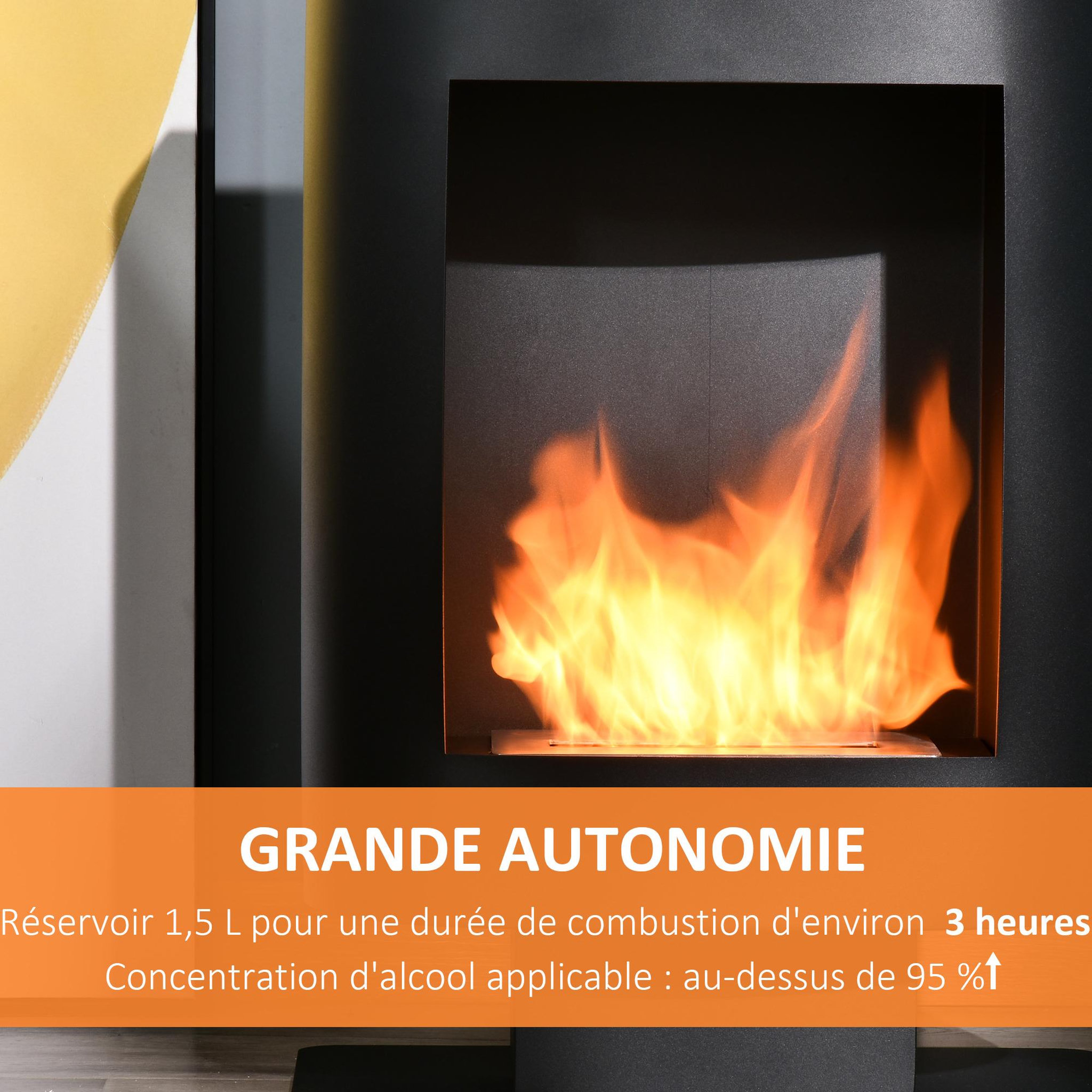 Voir la diapositive 6 : HOMCOM Cheminée bioéthanol sur pied design contemporain - brûleur 1,5 l - contrôle de flamme et manche inclus - acier noir