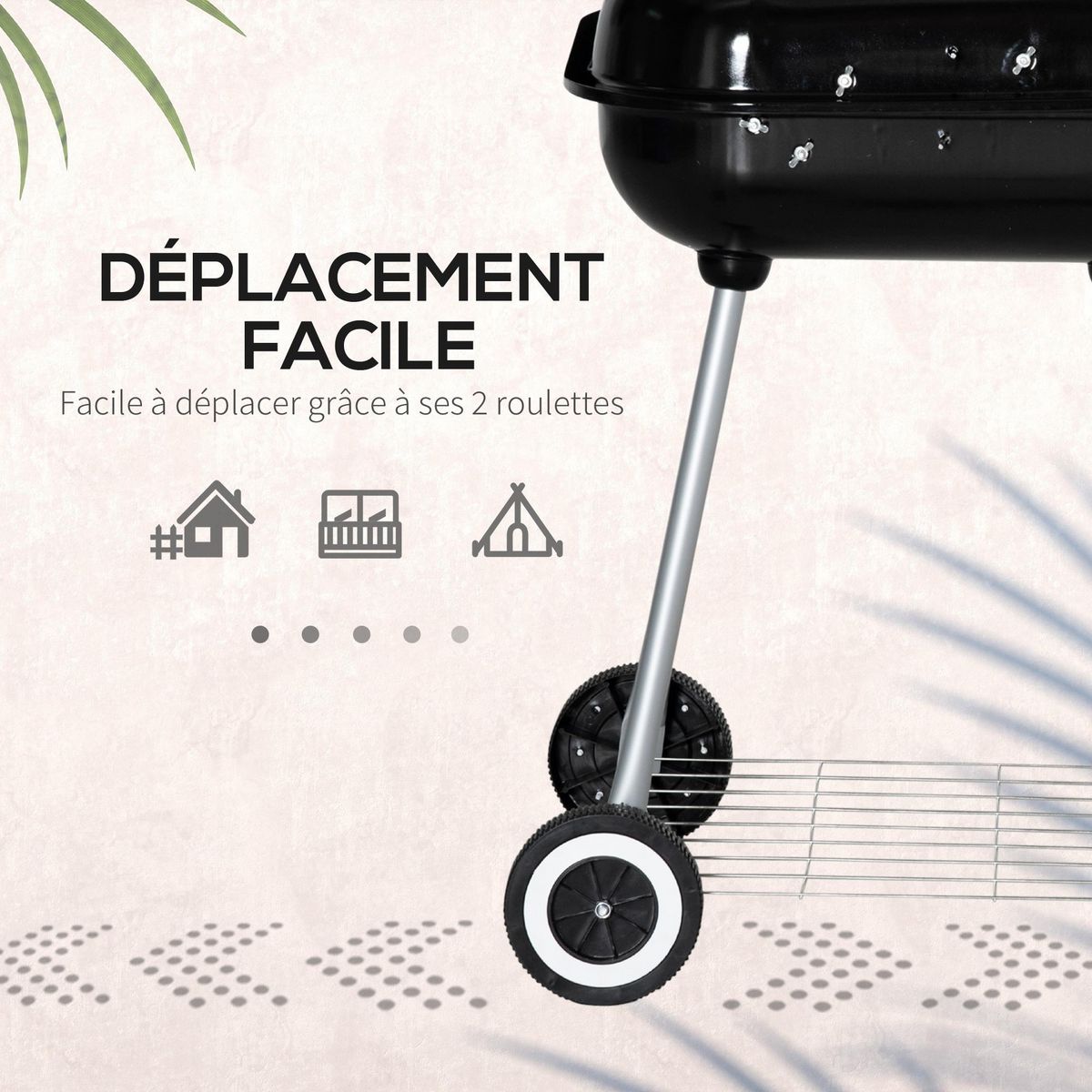 OUTSUNNY Barbecue à charbon - BBQ grill sur pied avec couvercle, roulettes - étagère, 3 crochets, 3 ustensiles, 2 grilles - acier émaillé noir