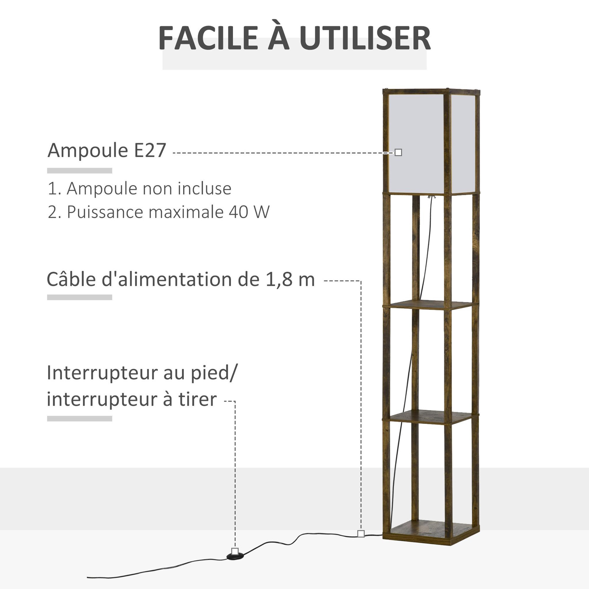 Voir la diapositive 5 : HOMCOM Lampadaire étagère lampe étagère 26l x 26l x 160h cm 3 étagères 4 niveaux mdf aspect bois vieilli