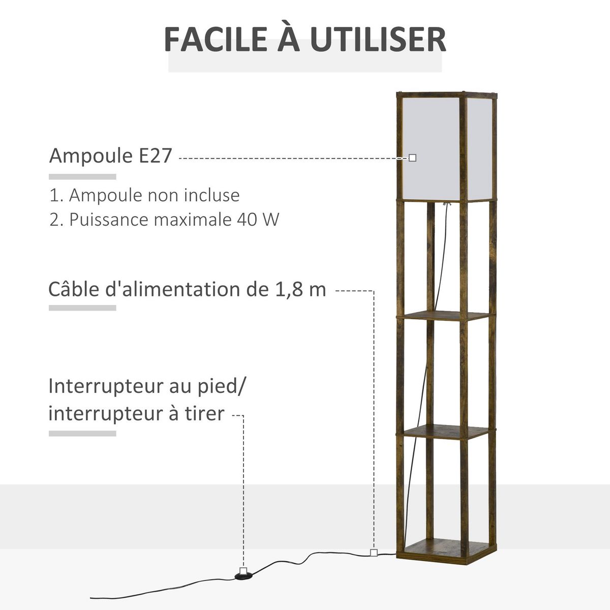 HOMCOM Lampadaire étagère lampe étagère 26L x 26l x 160H cm 3 étagères 4 niveaux MDF aspect bois vieilli