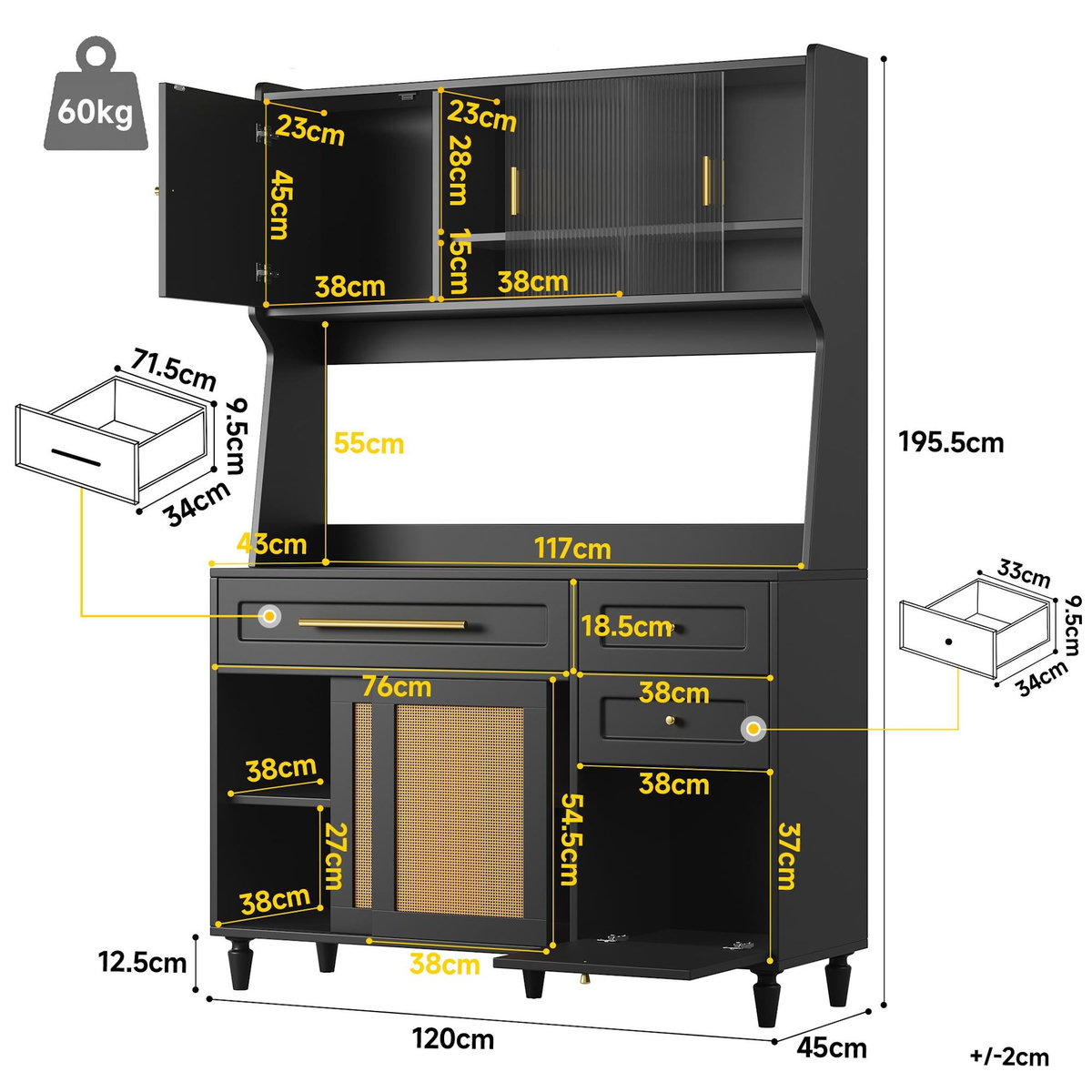 MERAX Buffet de cuisine 6 portes 3 tiroirs - 120 cm noir led mdf et panneau de particules
