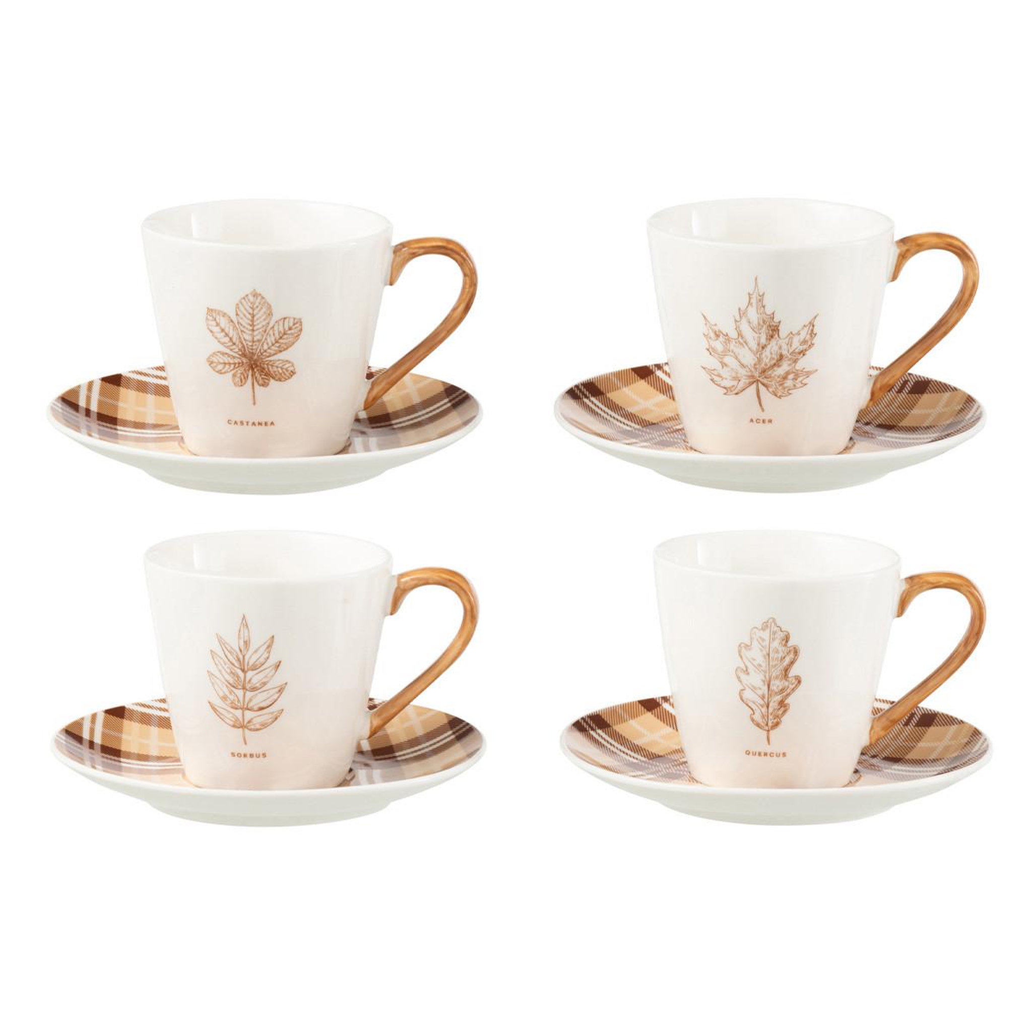 J-LINE Lot de 4 tasses à thé & sous-tasses  quercus  22cl marron