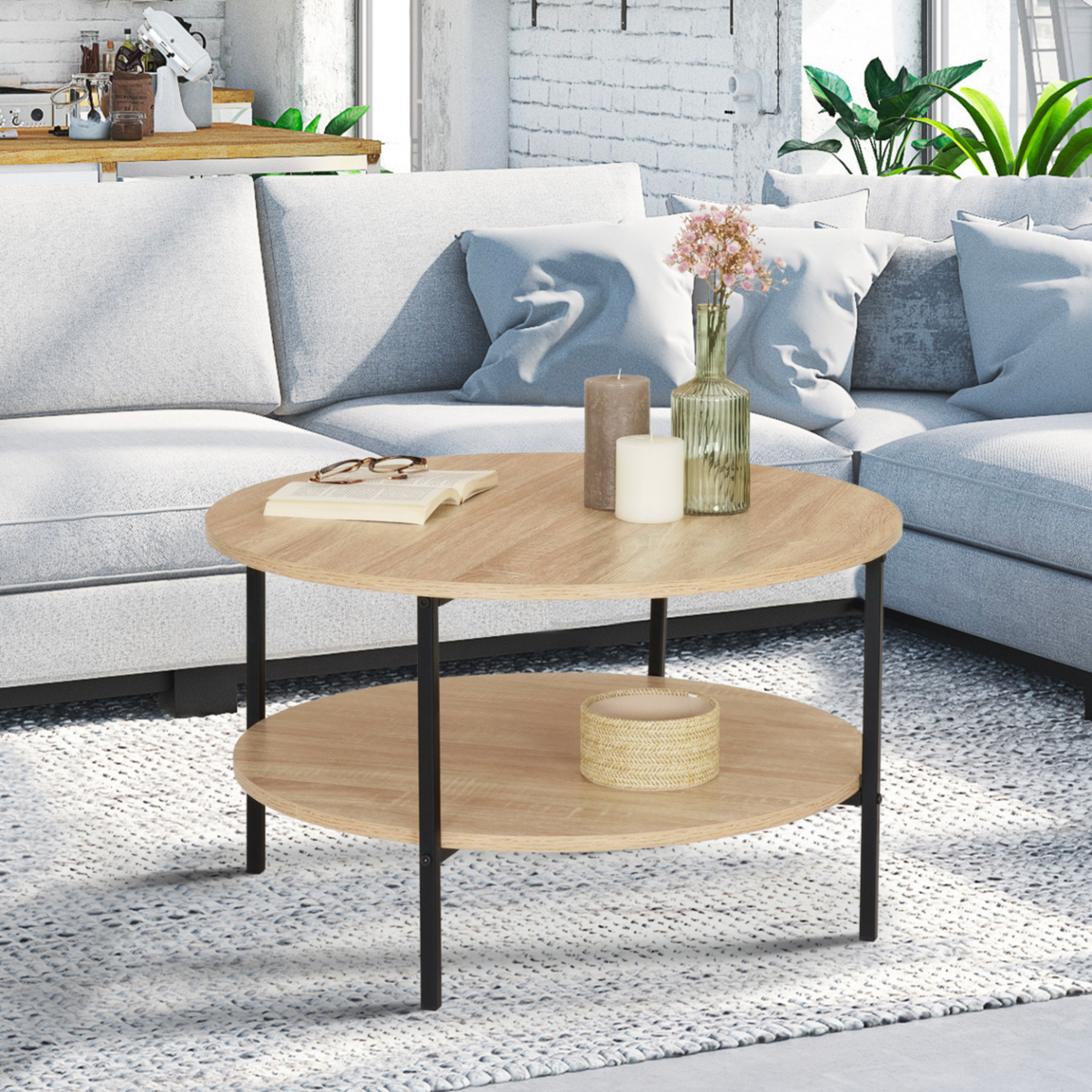 ID MARKET Table basse double plateau rond DETROIT 70 cm design industriel