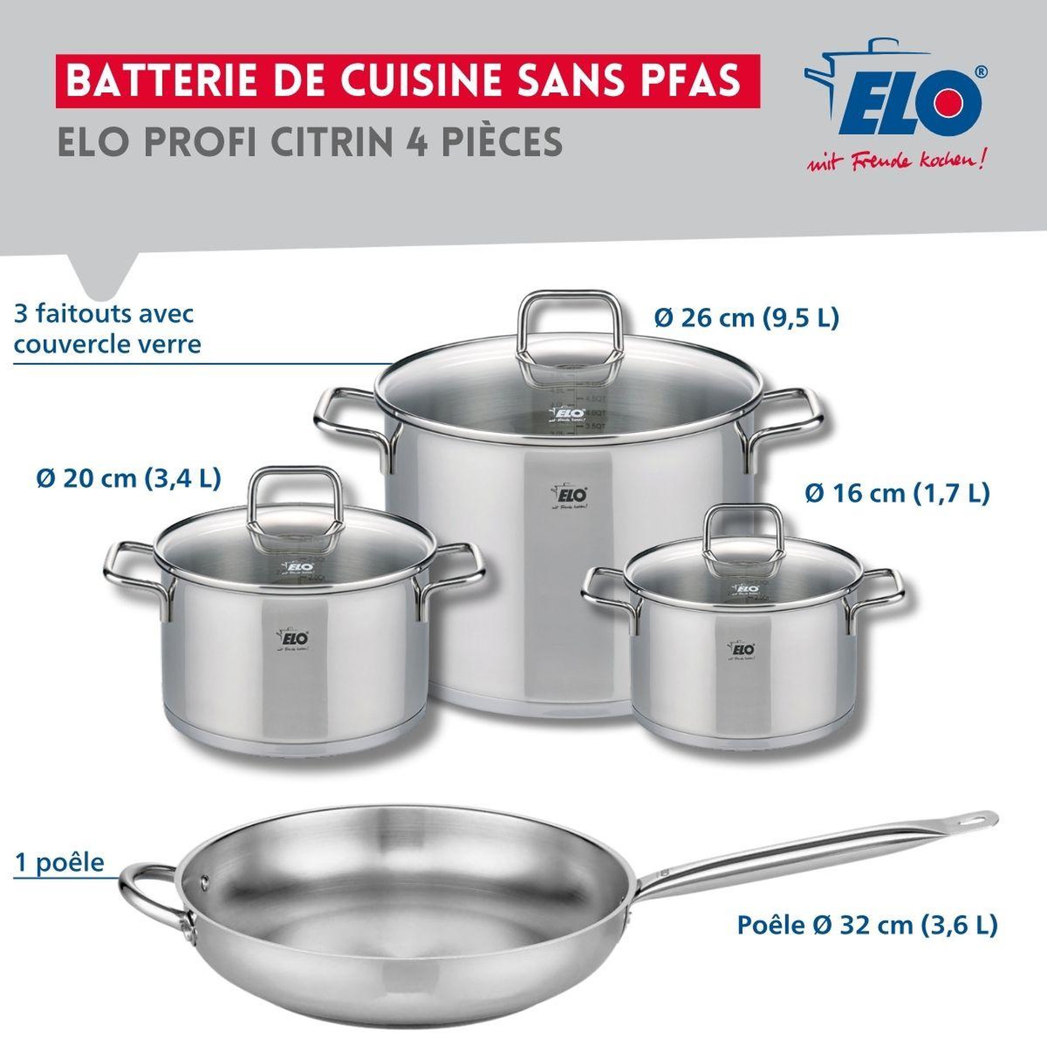 Voir la diapositive 2 : ELO Set de 1 poêle de cuisson 32 cm et 3 faitouts 16, 20 et 26 cm elo profi citrin