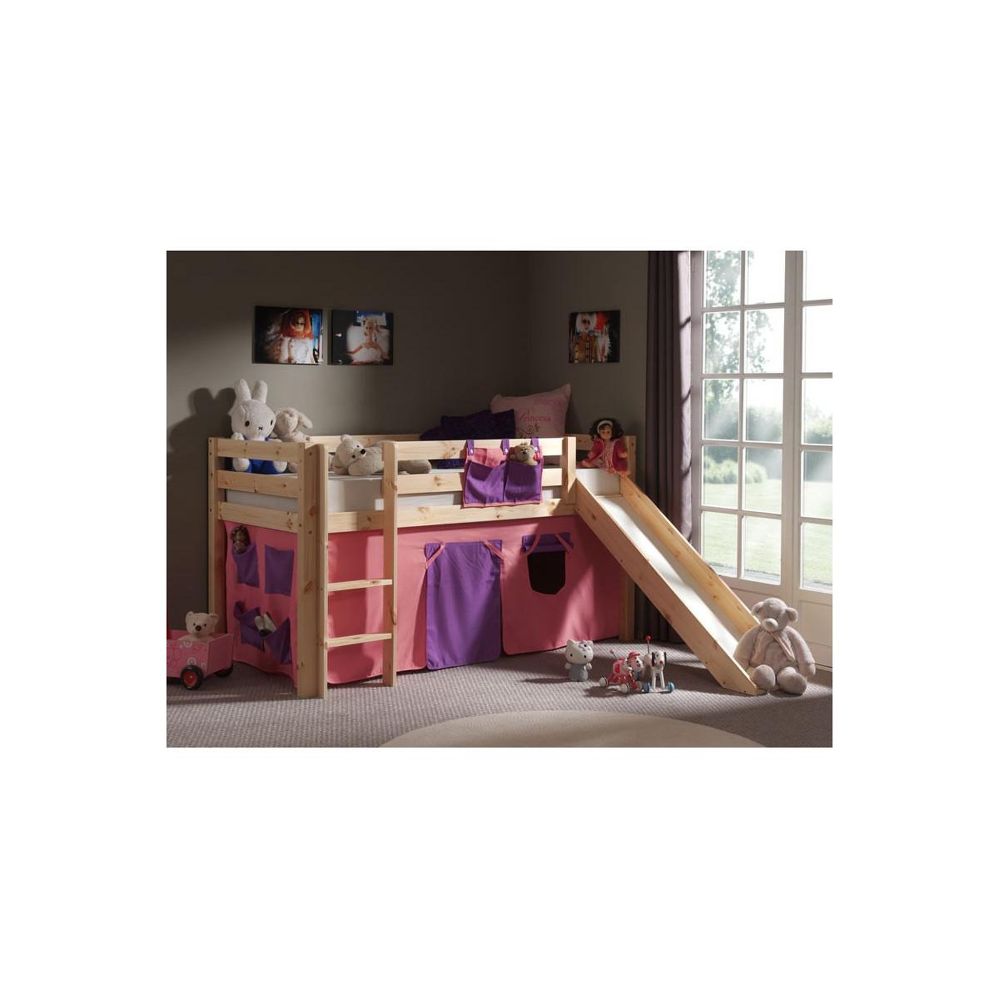 Voir la diapositive 2 : Paris Prix Lit Enfant Avec Toboggan  Pino Rose  90x200cm Naturel
