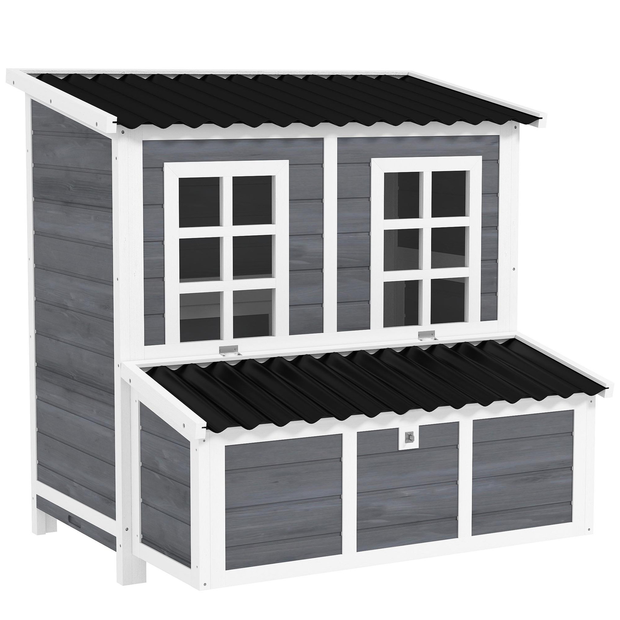 Voir la diapositive 5 : PAWHUT Poulailler cottage en bois 3 pondoirs toit ouvrant porte 2 fenêtres plateau déjection 100x86x100cm gris blanc noir