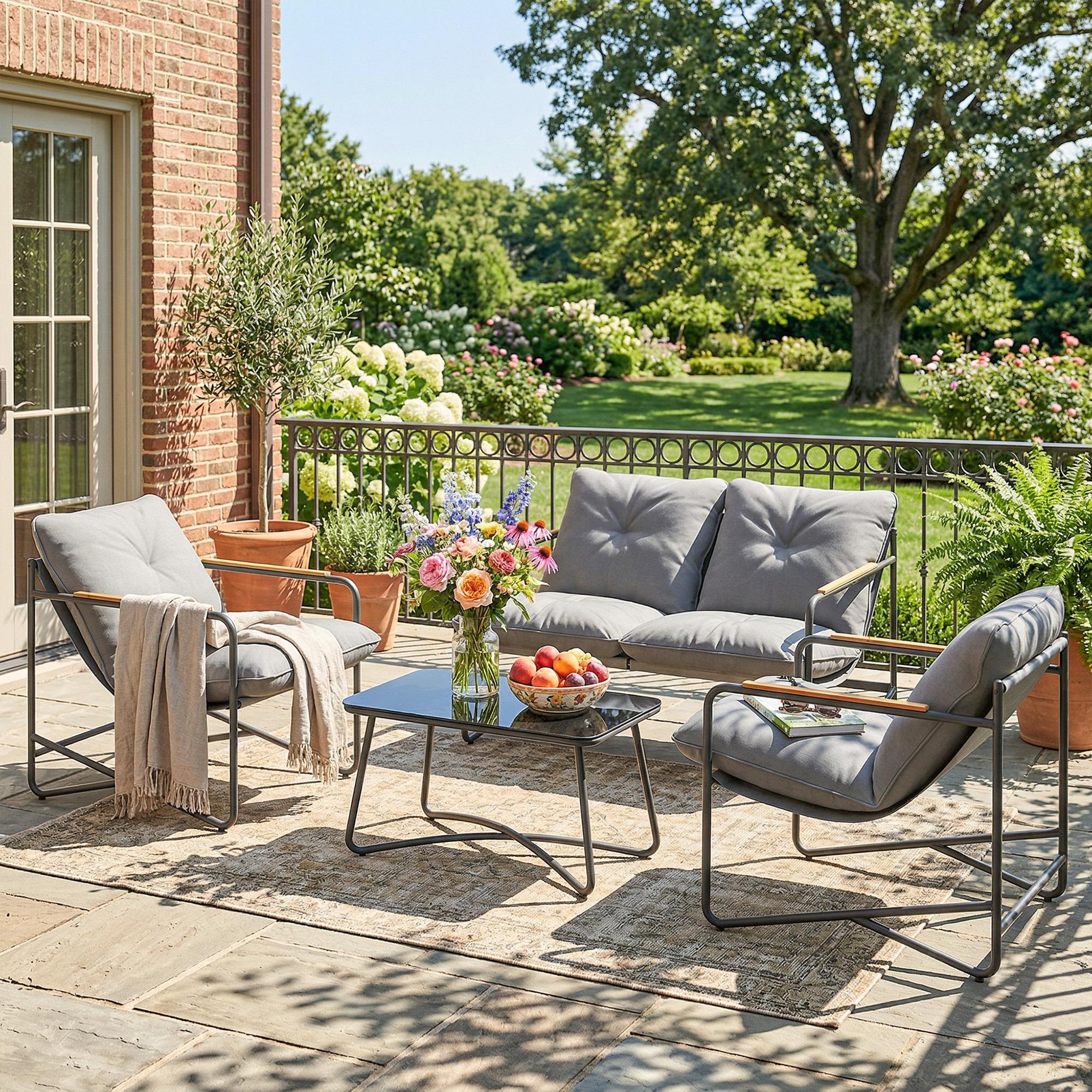 Voir la diapositive 2 : OUTSUNNY Salon de jardin 4 places 4 pièces avec coussins métal gris effet bois