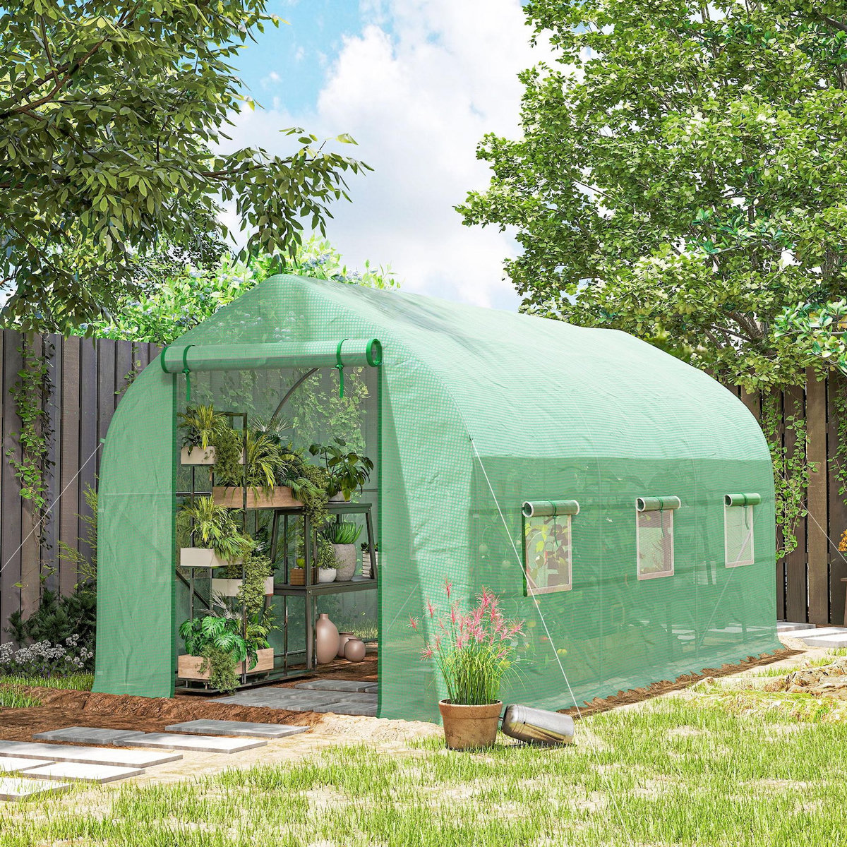 OUTSUNNY Serre tunnel de jardin 8 m² - 2 portes, 6 fenêtres - métal galvanisé bâche PE vert
