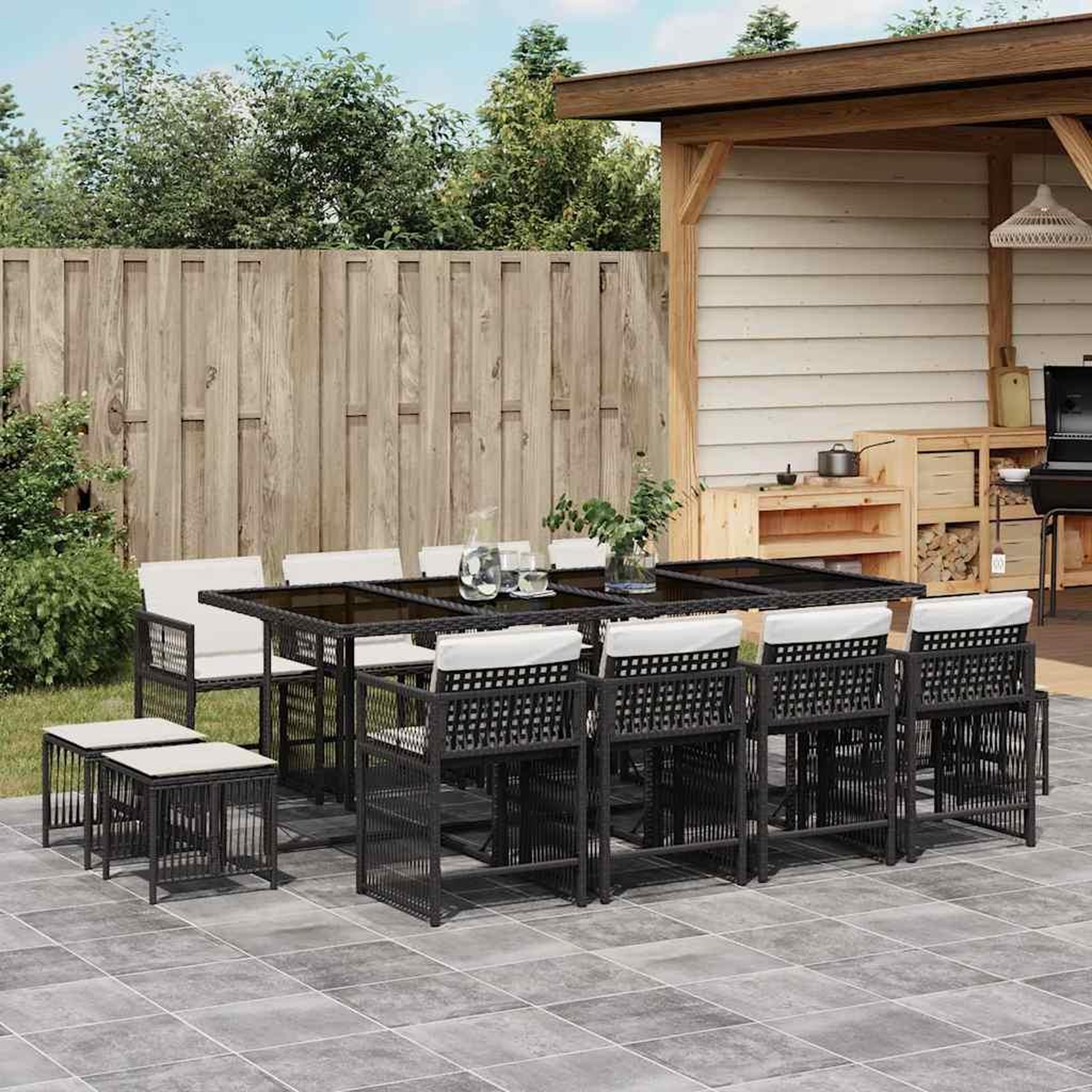 VIDAXL Ensemble a manger de jardin 13 pcs coussins noir resine tressee