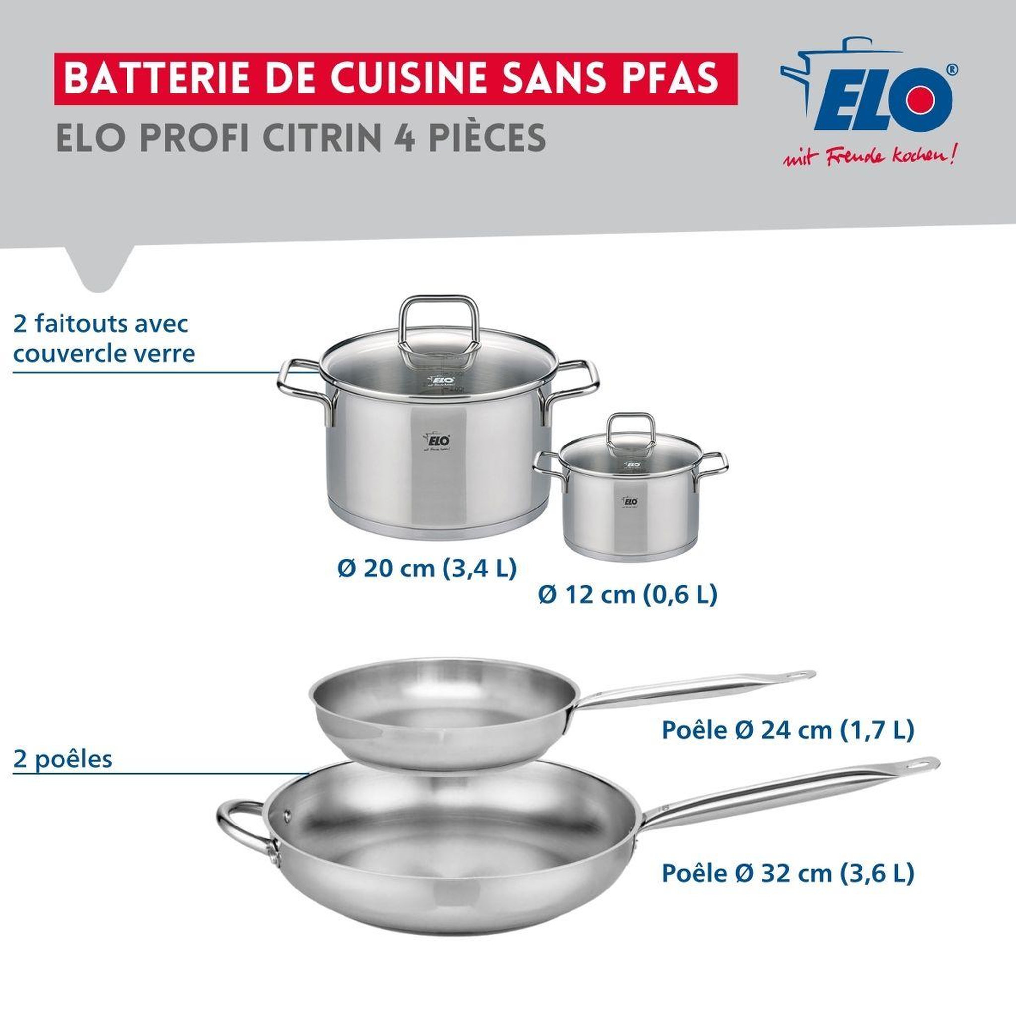 Voir la diapositive 2 : ELO Ensemble de 2 Poêles de cuisson 24 et 32 cm et 2 faitouts 12 et 20 cm Elo Profi Citrin