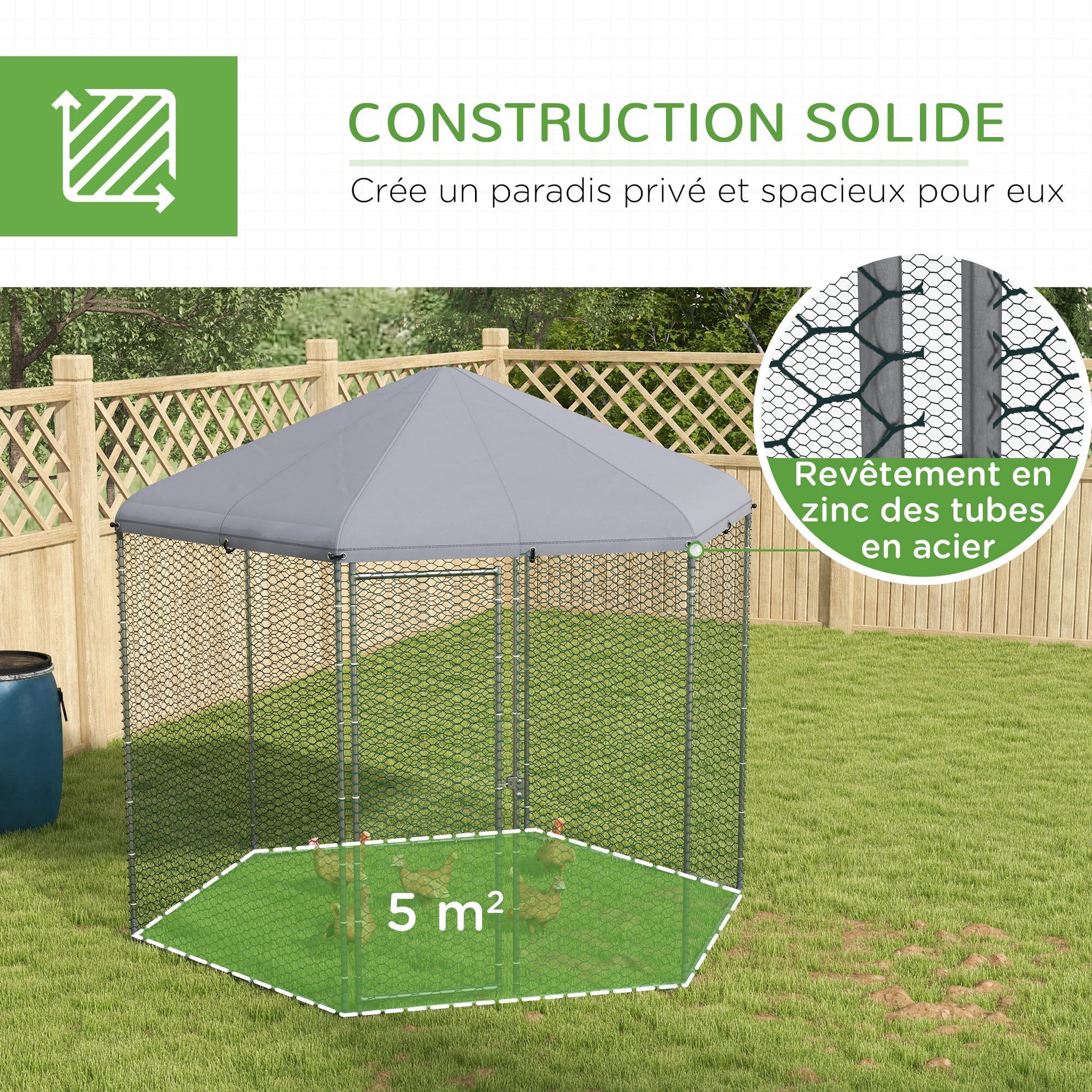 Voir la diapositive 5 : PAWHUT Enclos poulailler chenil 5 m² - parc grillagé dim. 2,8L x 2,45l x 2,46H m - entièrement couvert - acier oxford gris