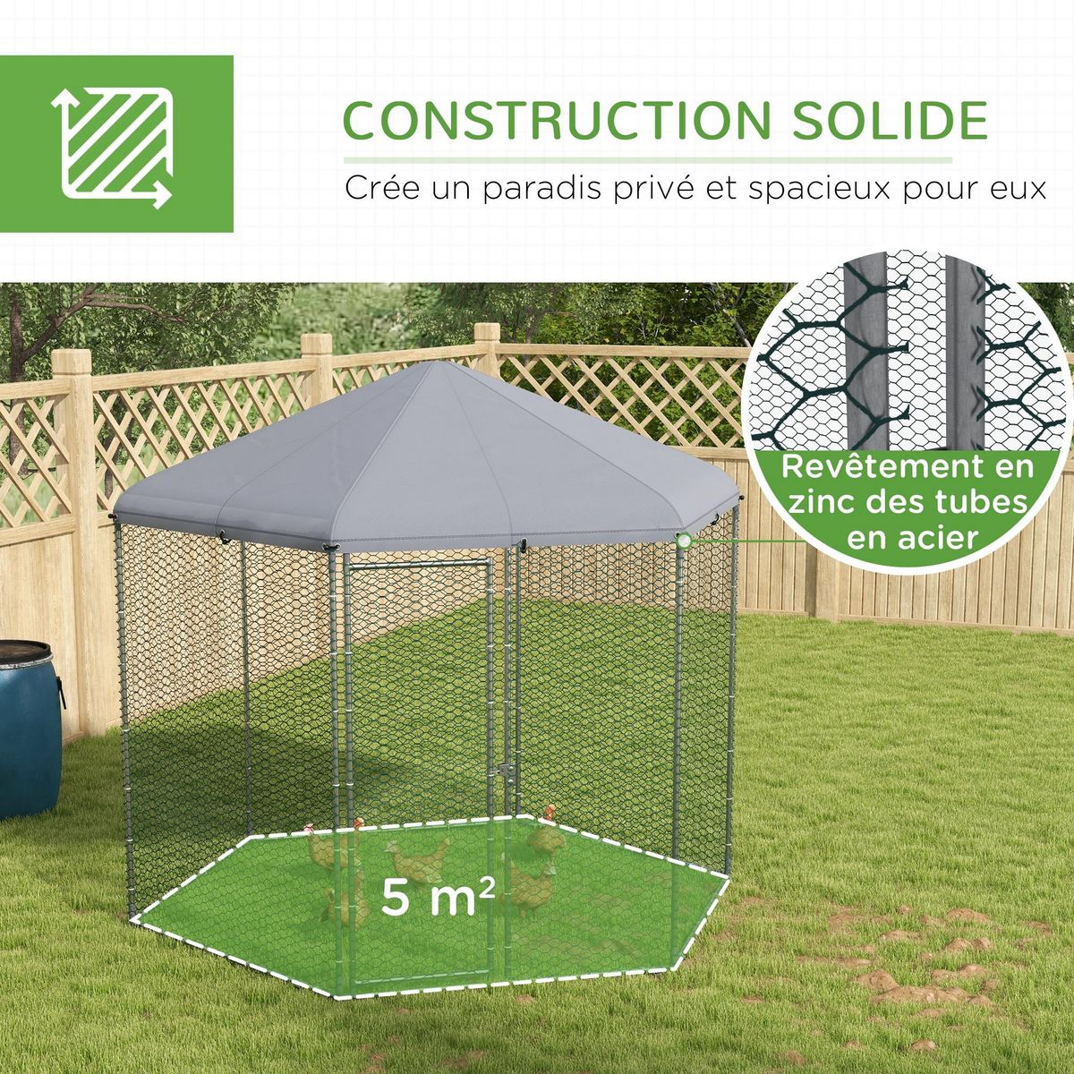 PAWHUT Enclos poulailler chenil 5 m² - parc grillagé dim. 2,8L x 2,45l x 2,46H m - entièrement couvert - acier oxford gris