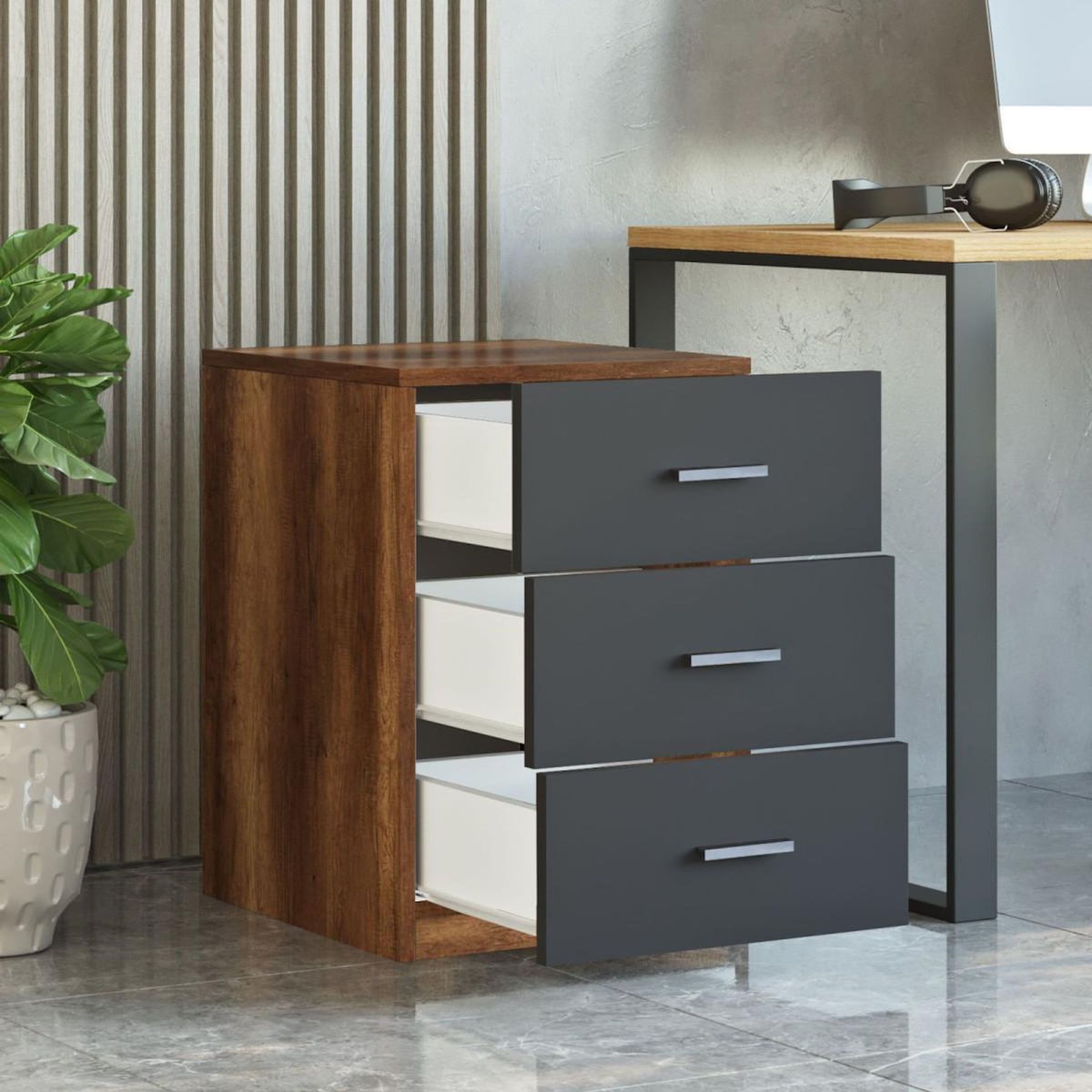 Paris Prix Table de Chevet 3 Tiroirs  Pearlie  61cm Marron & Anthracite