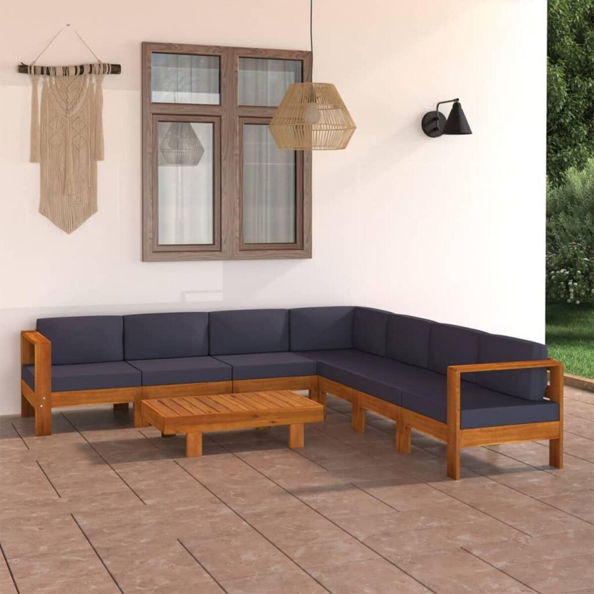 Banc de jardin en bois acacia grisé avec coussin pour meuble de jardin