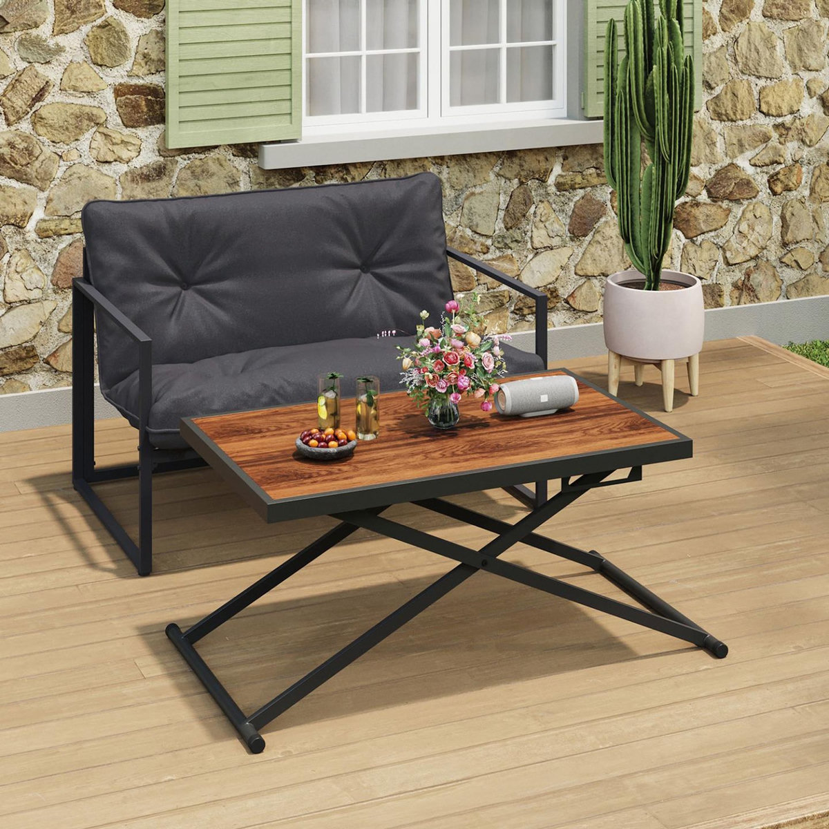 ID MARKET Table de jardin à hauteur réglable 3 positions OLIE 100 cm en métal noir et plateau bois