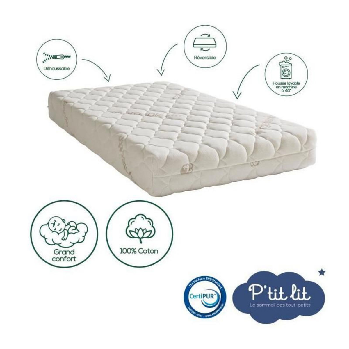 P'TIT LIT Matelas Bébé Coton Bio - 60x120x10 cm - 100% Coton - Déhoussable - Sans traitement chimique