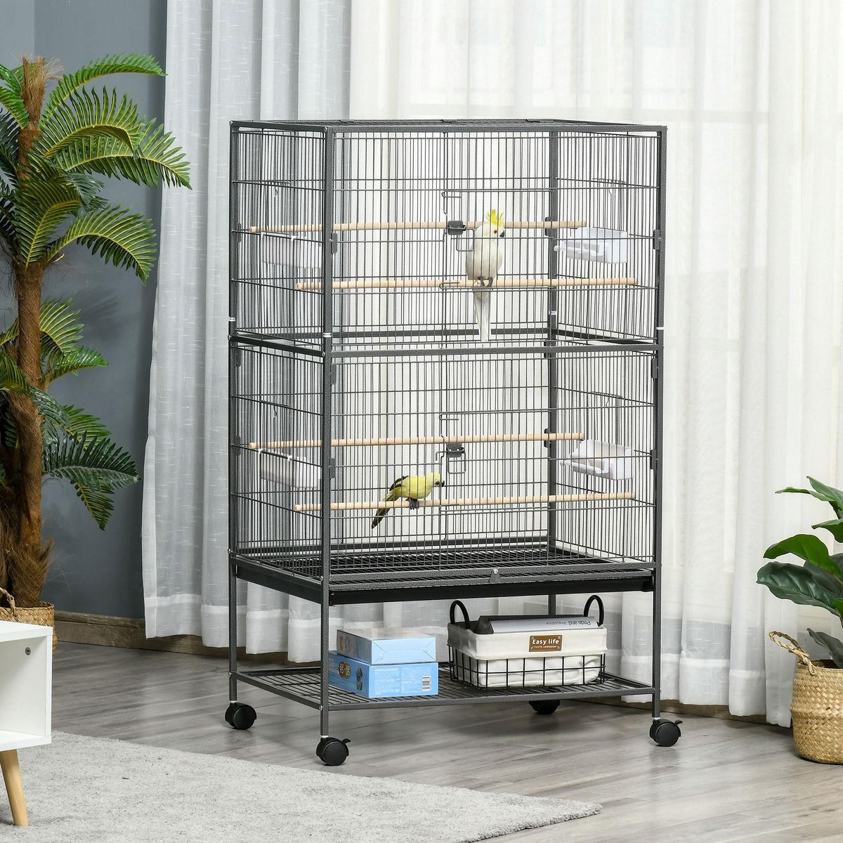 PAWHUT Cage oiseau mobile dim. 78x52x132cm - 4 perchoirs, mangeoires, plateau déjection, étagère - acier époxy gris moucheté