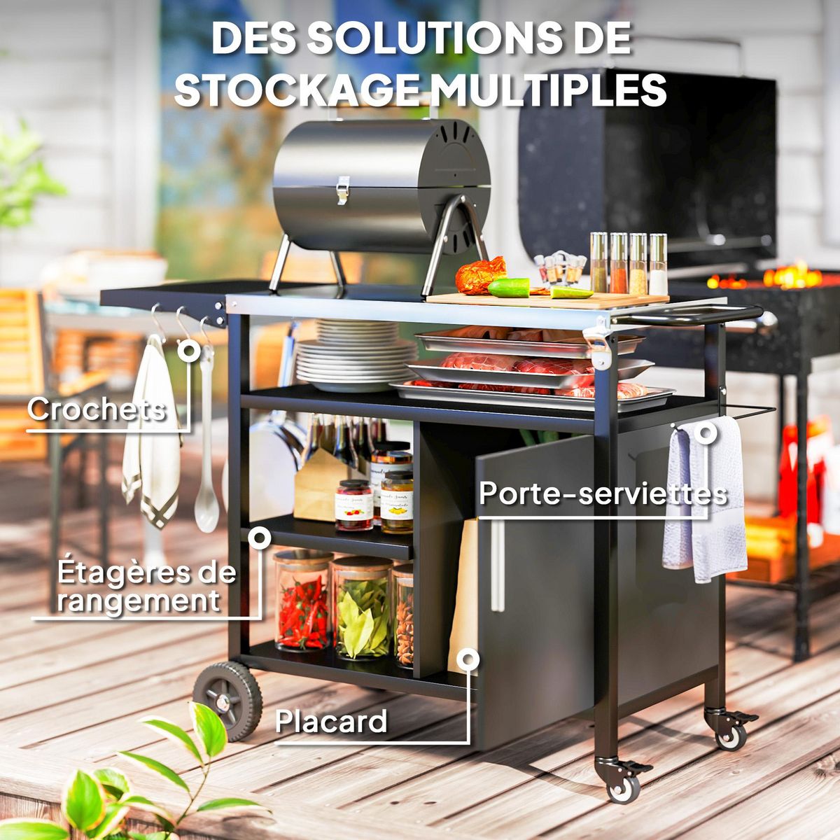 OUTSUNNY Desserte extérieure - desserte de jardin - 3 étagères, tablette rabattable, porte, plateau acier inox. housse