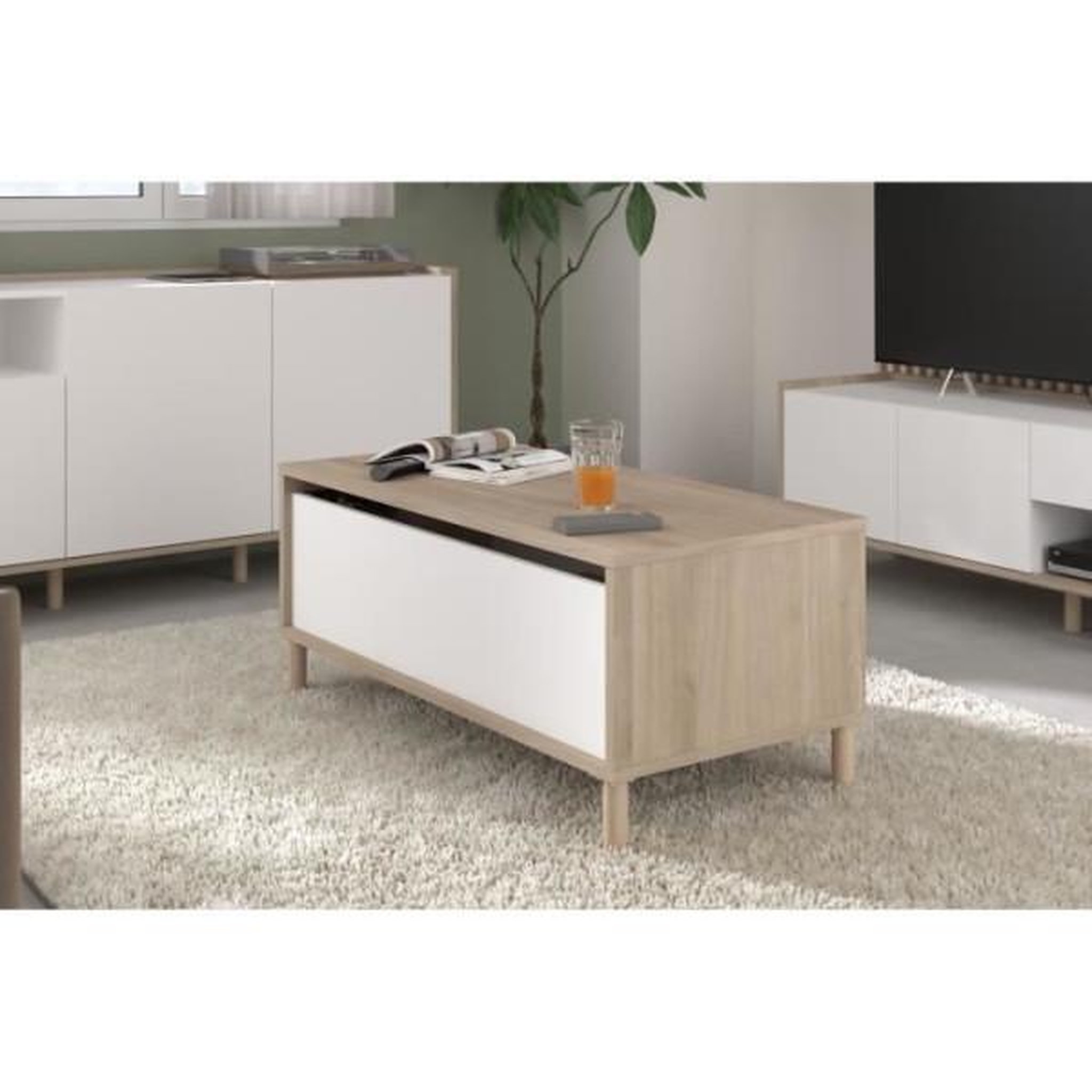 Voir la diapositive 2 : PARISOT Table basse relevable morphos - l 100 x p 50 x h 43,6 cm - rectangulaire - décor blanc / chene - parisot