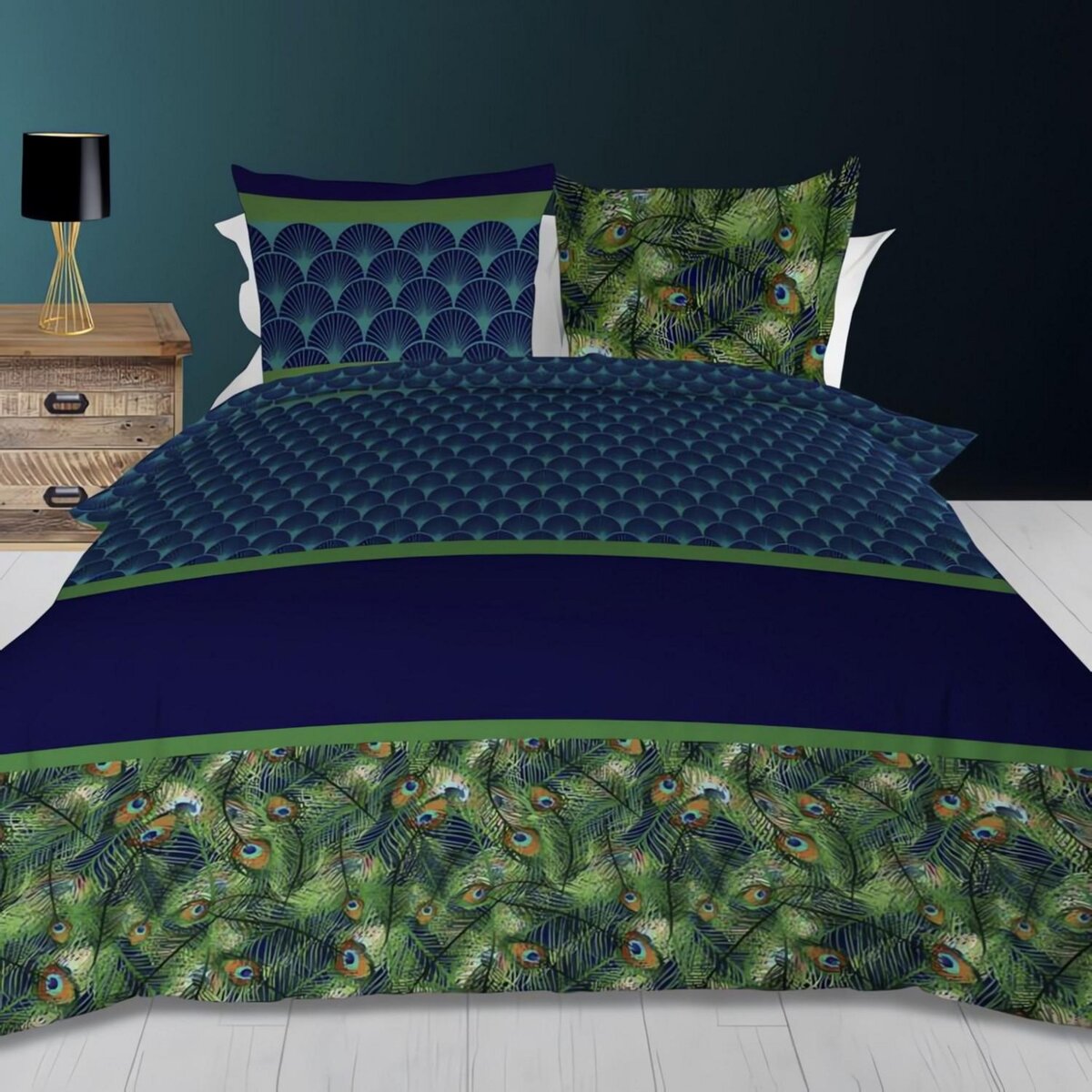 SOLEIL D'OCRE Parure housse de couette en coton 57 Fils PAON bleu, par Soleil d'ocre