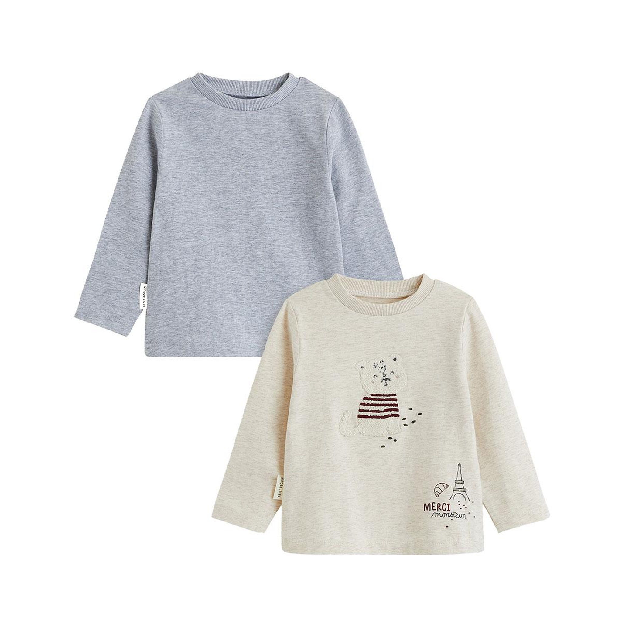 PETIT BEGUIN Lot de 2 t-shirts bébé manches longues pistache. Coloris disponibles : Gris