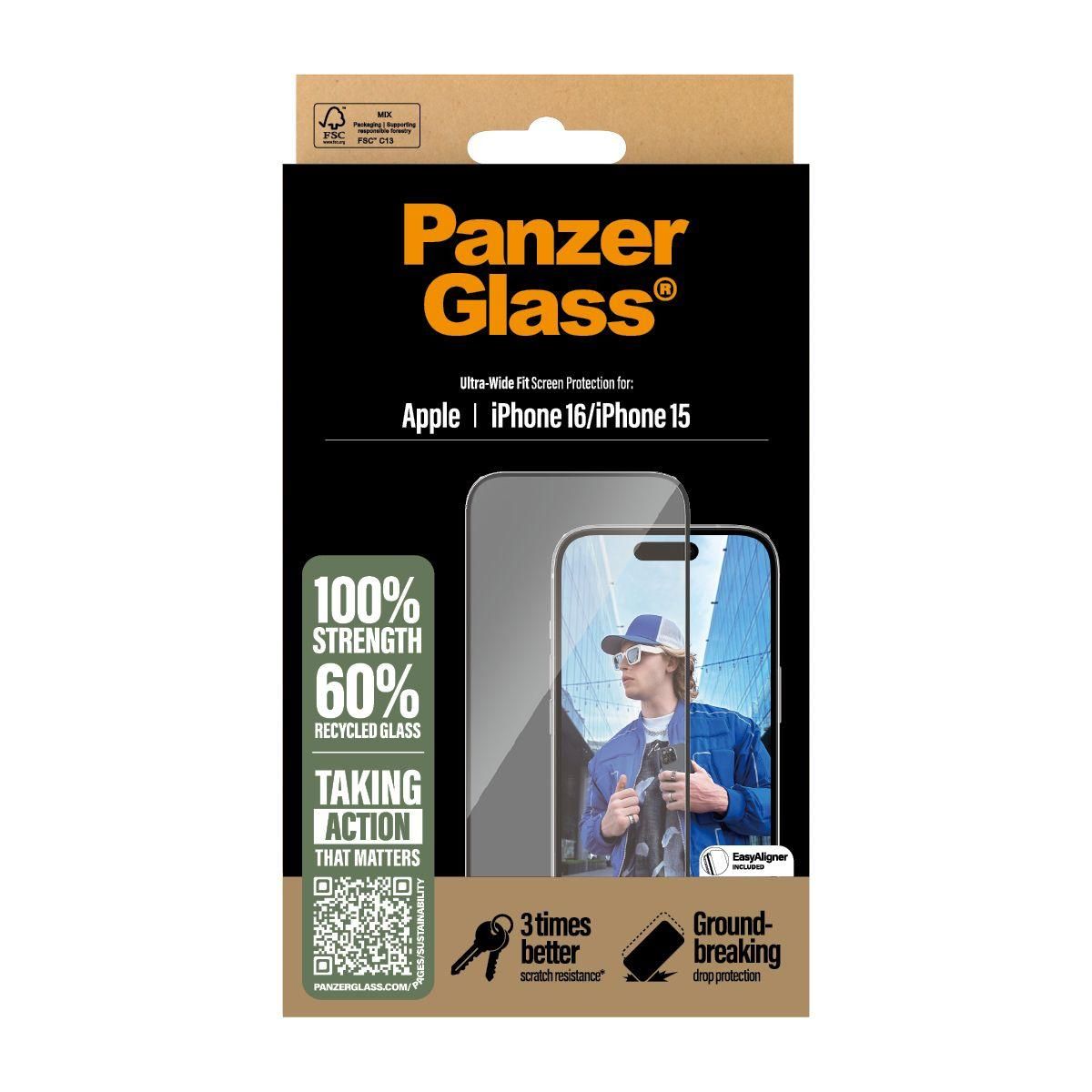 PANZERGLASS Protège écran iPhone 16 verre trempé Ultra-Wide Fit