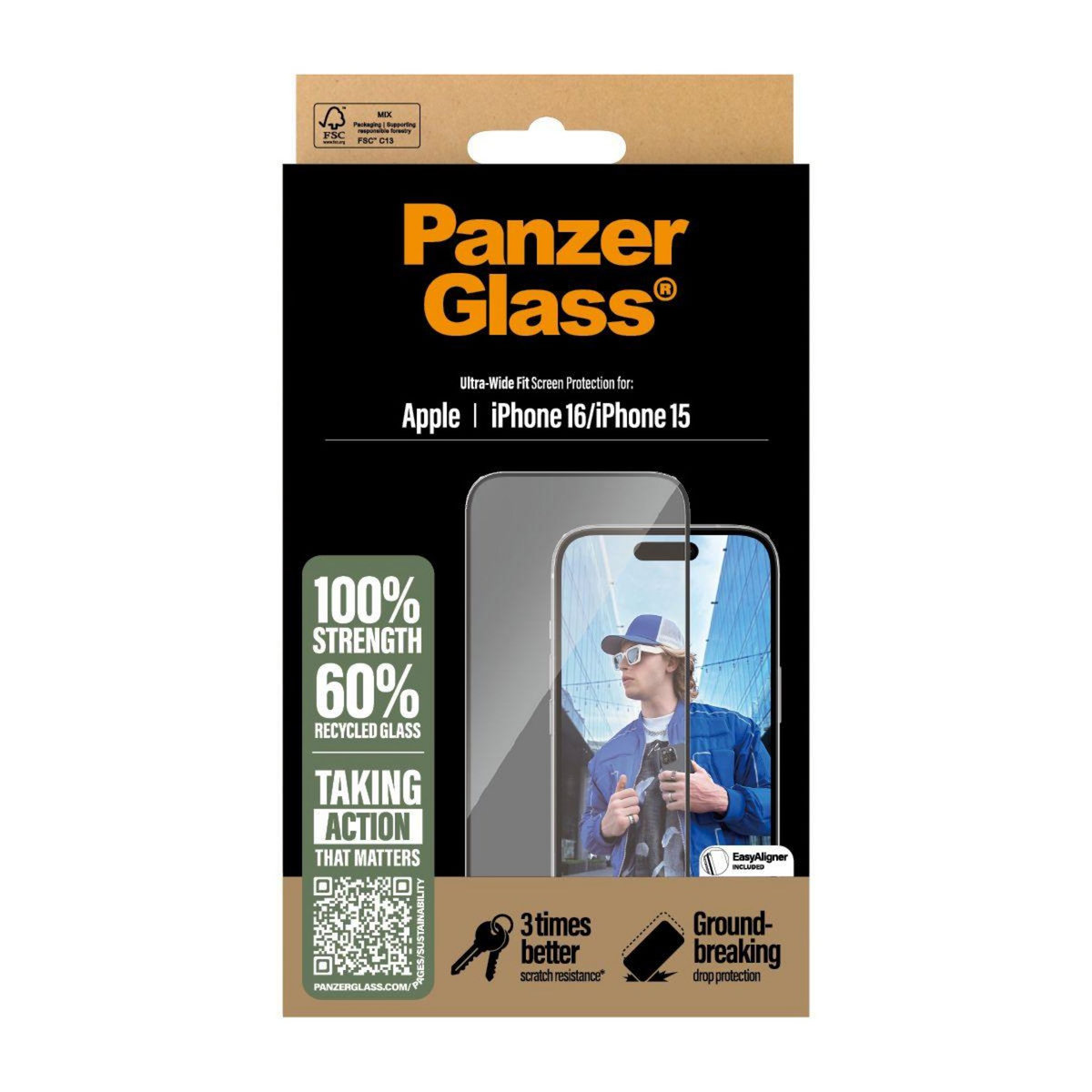 PANZERGLASS Protège écran iPhone 16 verre trempé Ultra-Wide Fit