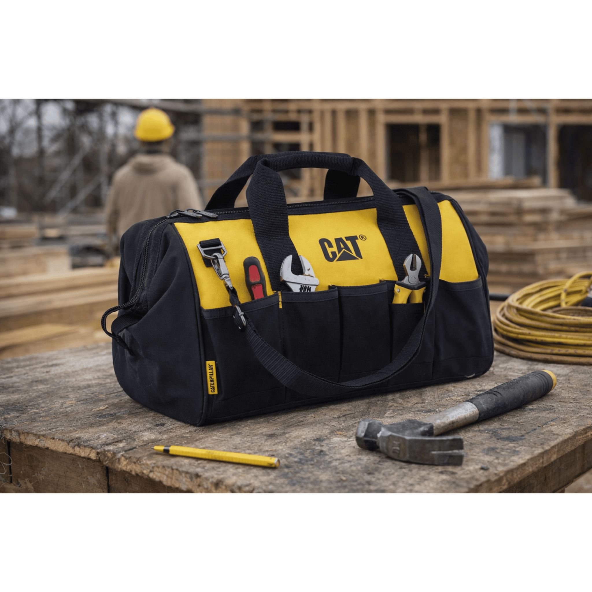 Voir la diapositive 2 : caterpillar Sac à outils 28Litres 10 poches ext. Fond renforcé Bandoulière réglable Sac de chantier CAT