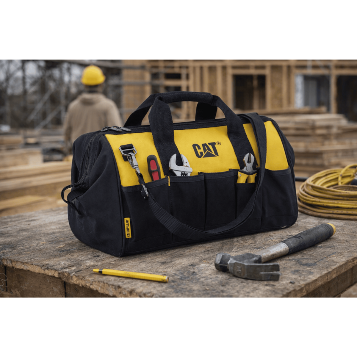 caterpillar Sac à outils 28Litres 10 poches ext. Fond renforcé Bandoulière réglable Sac de chantier CAT