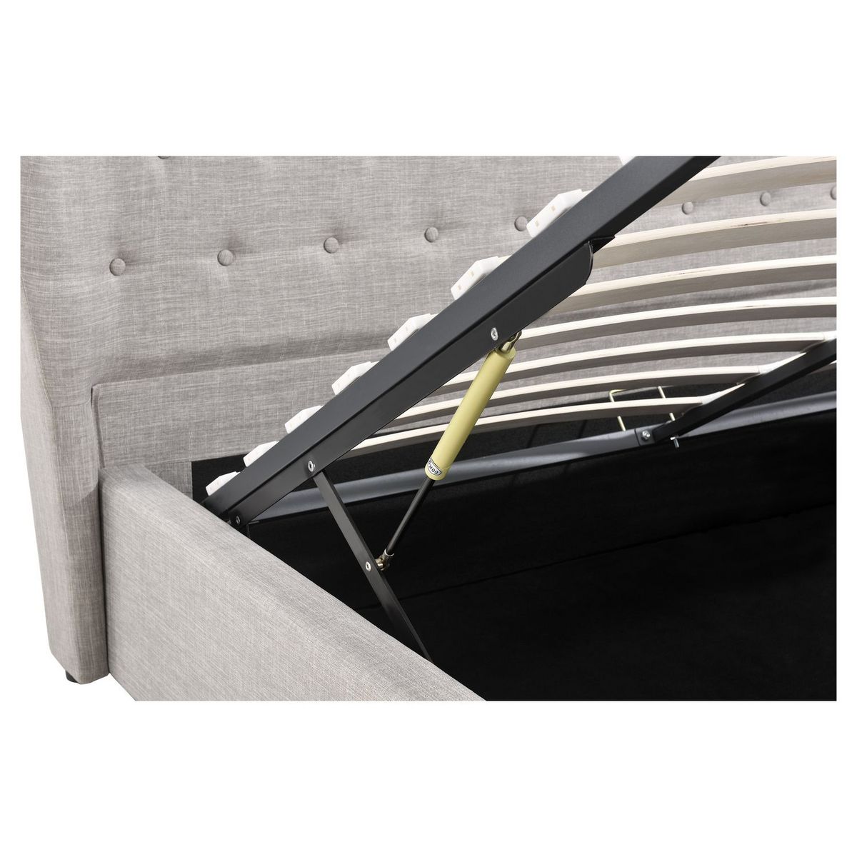 lit coffre avec sommier relevable et tête de lit arrondie capitonnée en tissu gris clair 140x190 cm DUC