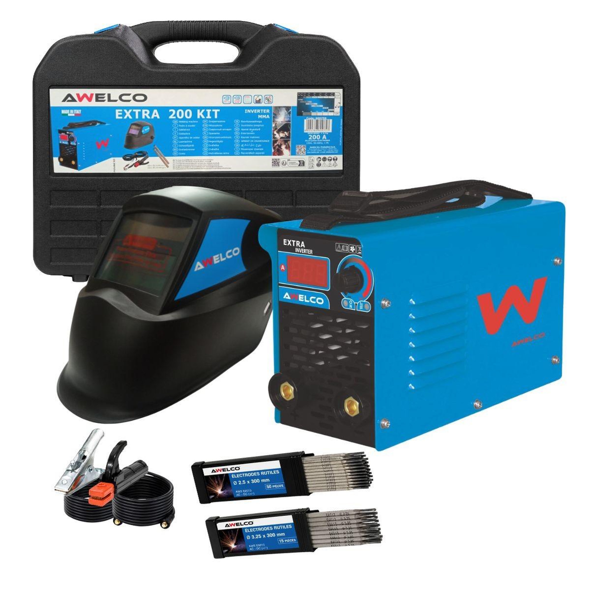 Awelco Poste à souder inverter 200a mma igbt + cagoule de soudure automatique + 50 électrodes ø2.5mm + 15 électrodes ø3.25mm awelco