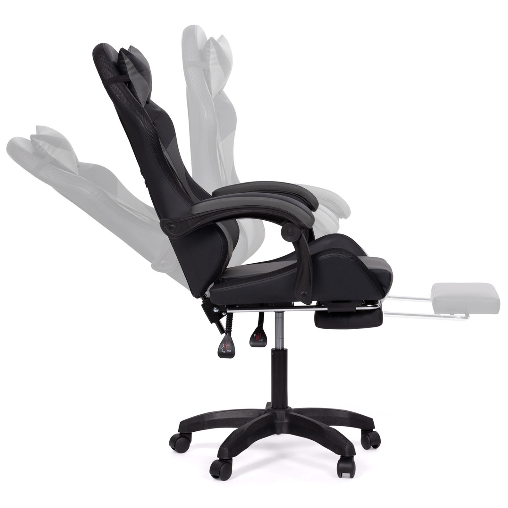 Voir la diapositive 3 : ID MARKET Fauteuil de gaming led luc avec repose-pied, coussin de tête et support lombaire noir et gris