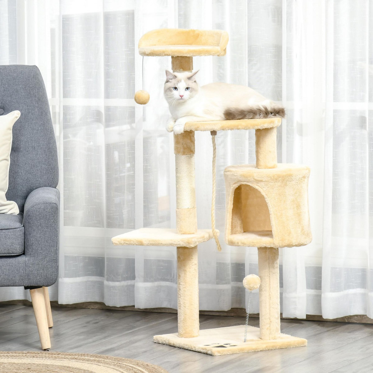PAWHUT Arbre à chats multi-équipements griffoirs grattoirs plateformes niche corde jouets 40L x 40l x 114H cm beige