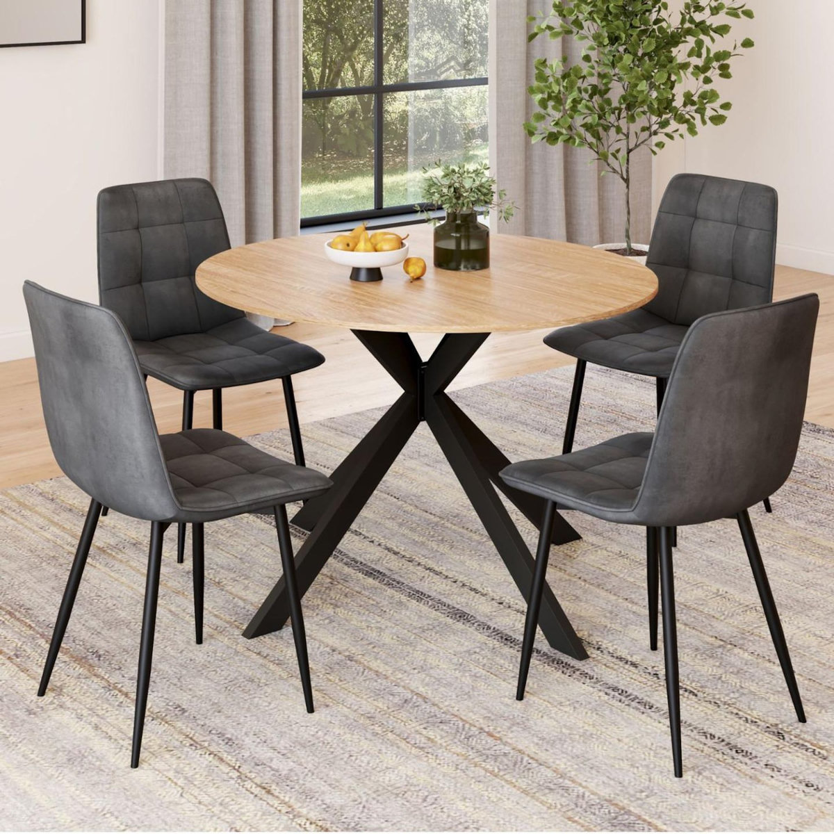 ID MARKET Ensemble table à manger ronde extensible ALIX 110 - 150 cm et 4 chaises MILA en velours gris foncé