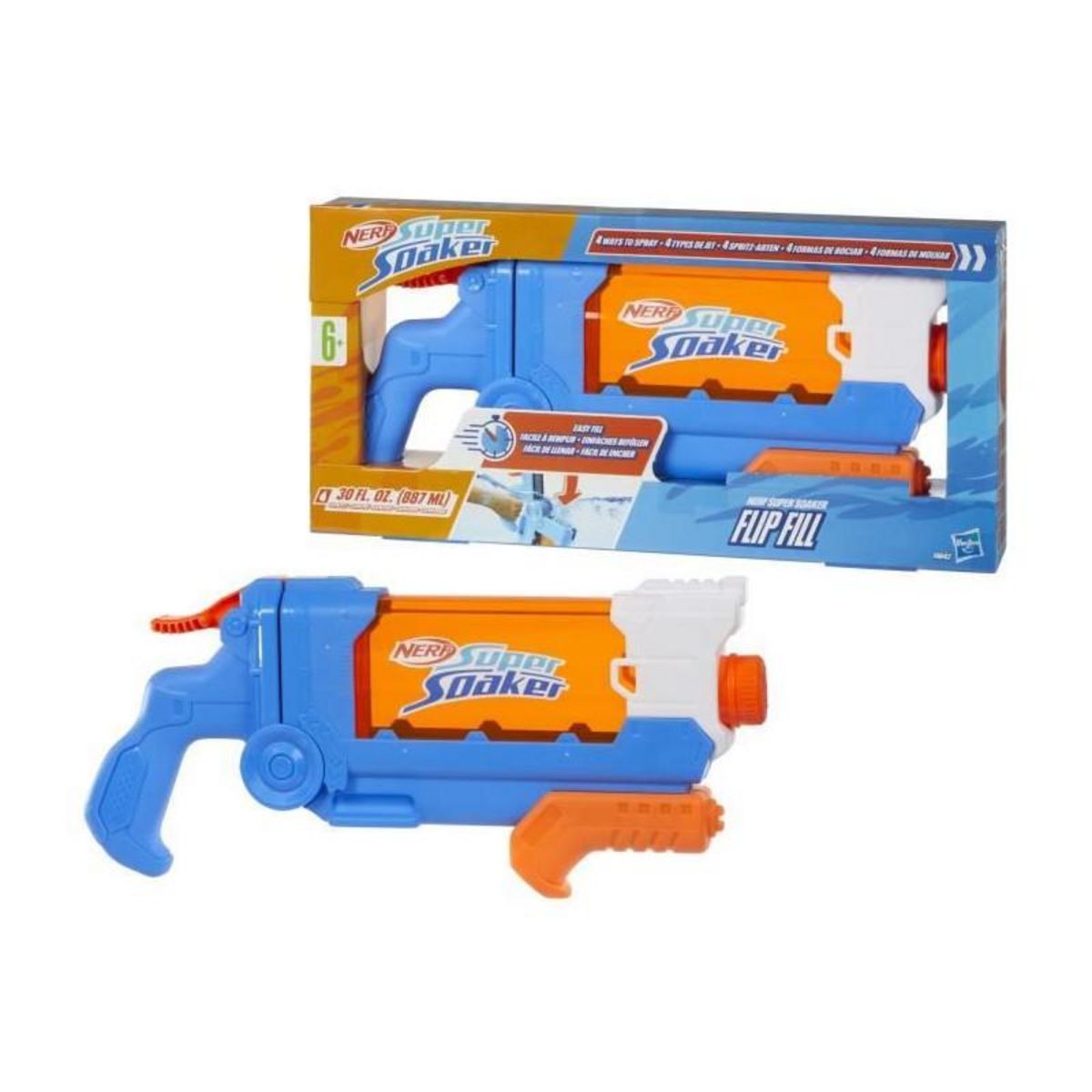 Nerf Nerf Super Soaker Flip Fill, Pistolet a eau avec 4 styles de jet, remplissage rapide, capacité de 887 mL d'eau, jouets des 6