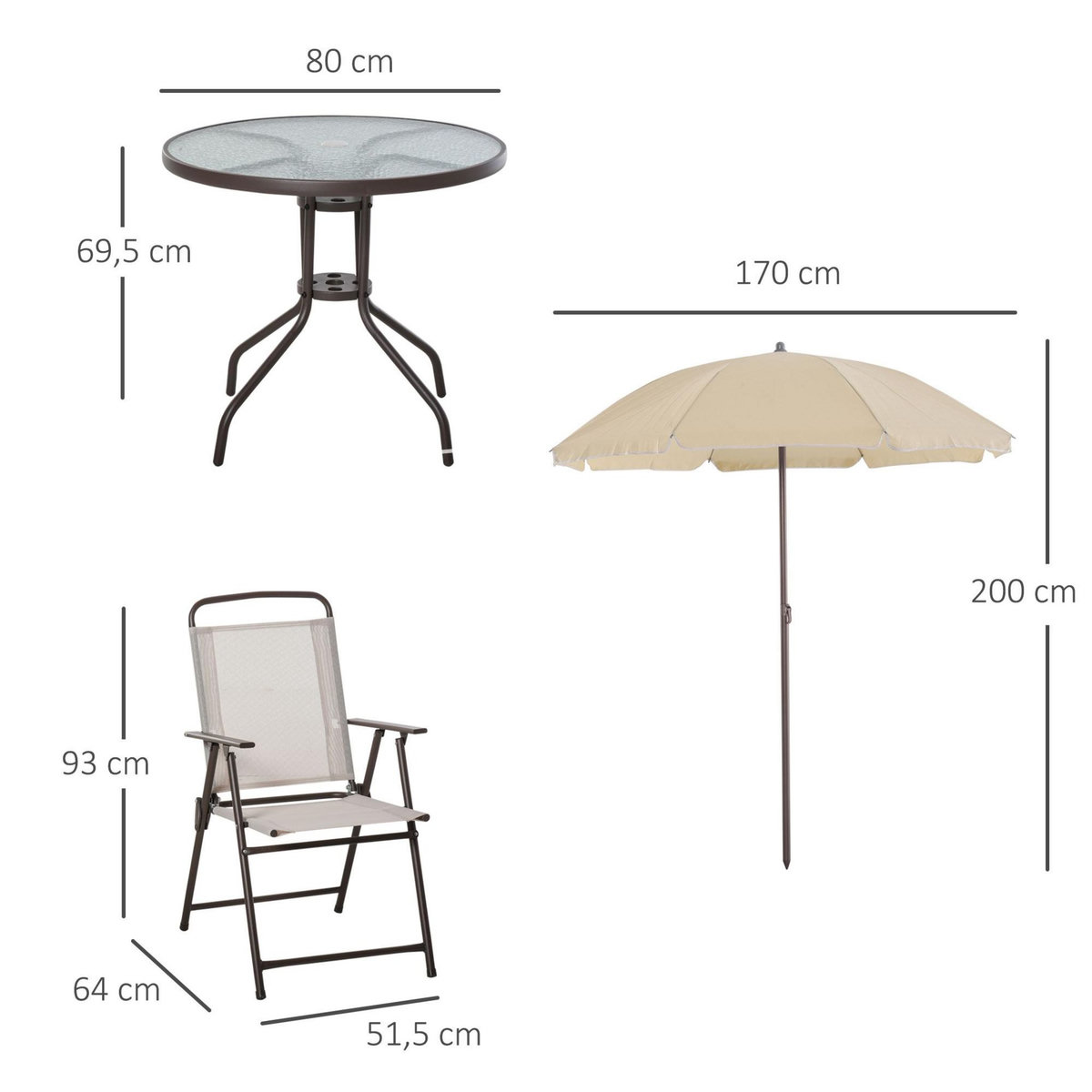 OUTSUNNY Ensemble salon de jardin 6 pcs - table ronde + 4 chaises pliables + parasol - acier époxy café textilène polyester beige