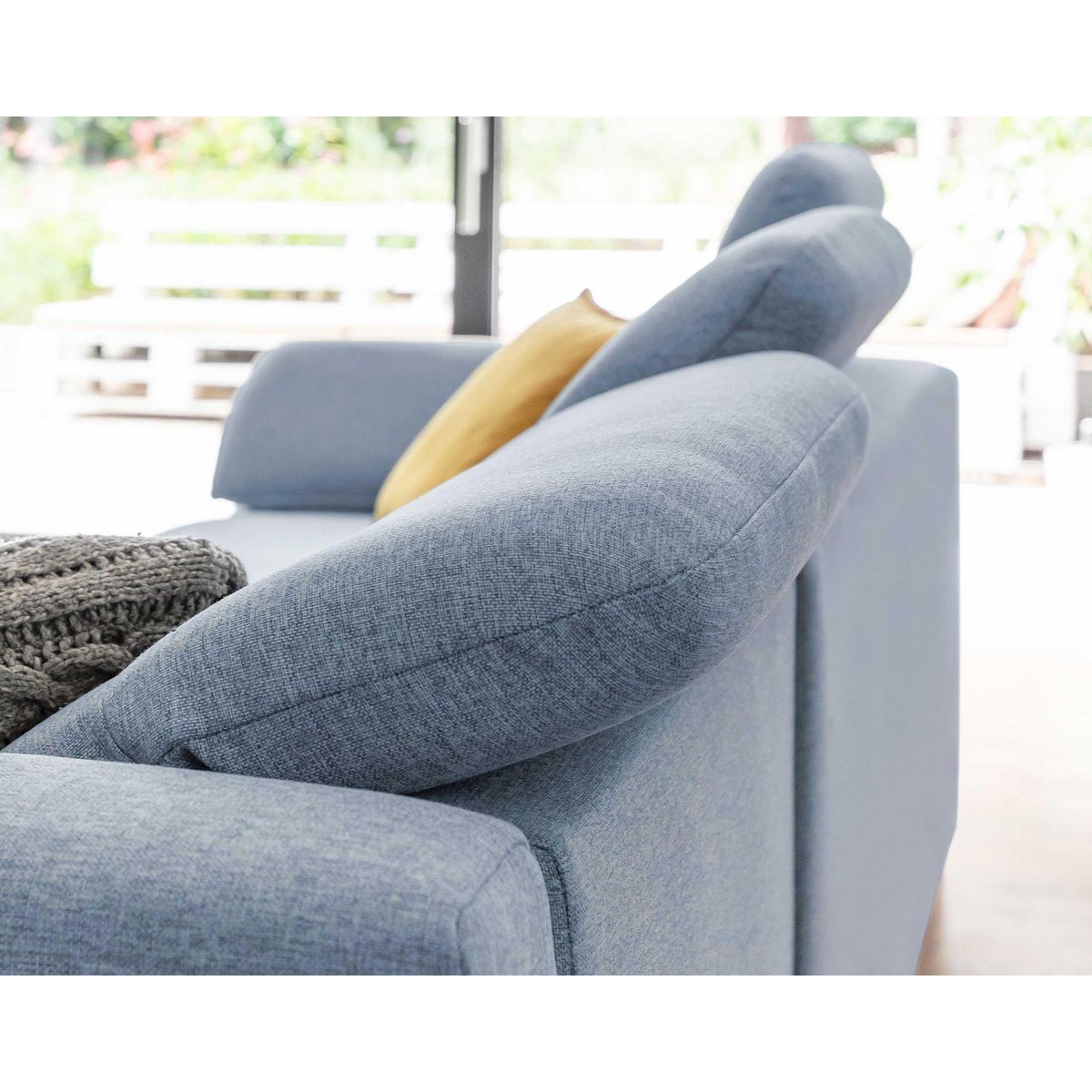 BEST MOBILIER Clever - canapé d'angle droit - 5 places - convertible avec coffre et têtières - en tissu