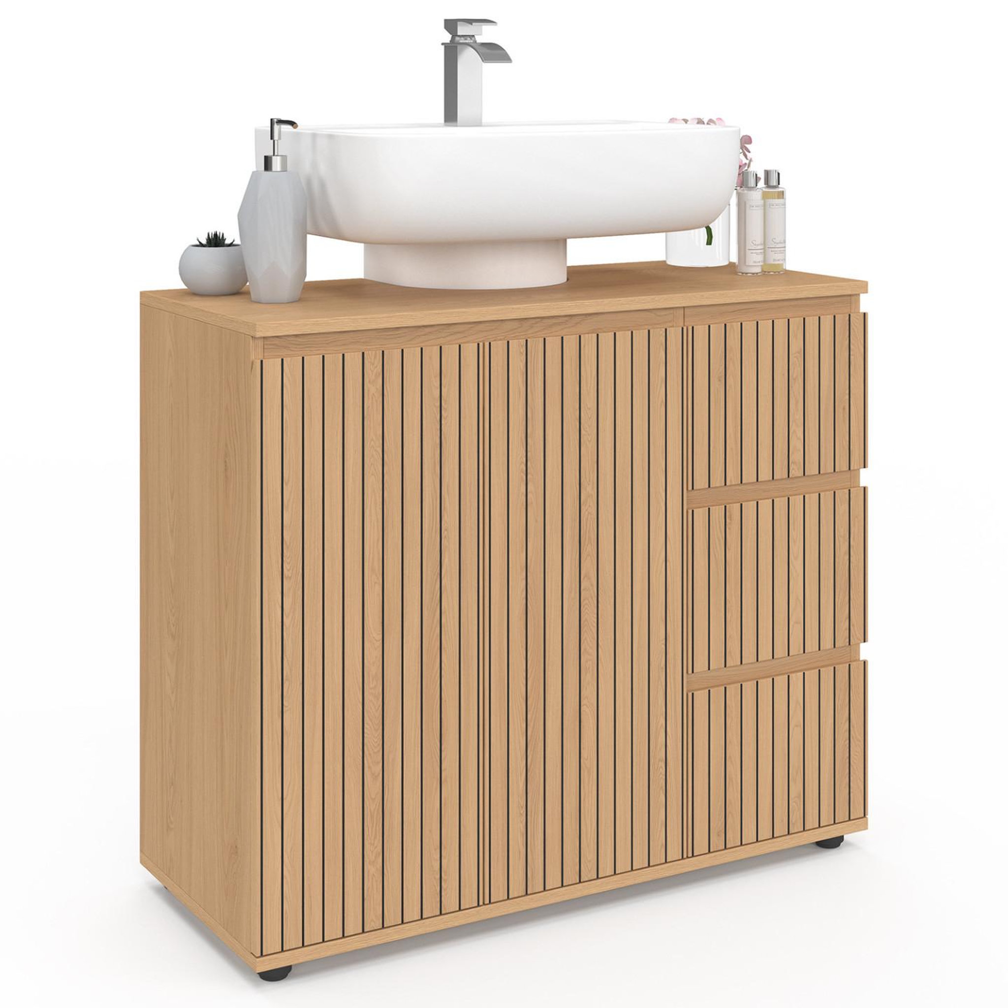 ID MARKET Meuble sous lavabo salle de bain VICTOR avec placard et 3 tiroirs effet lattes