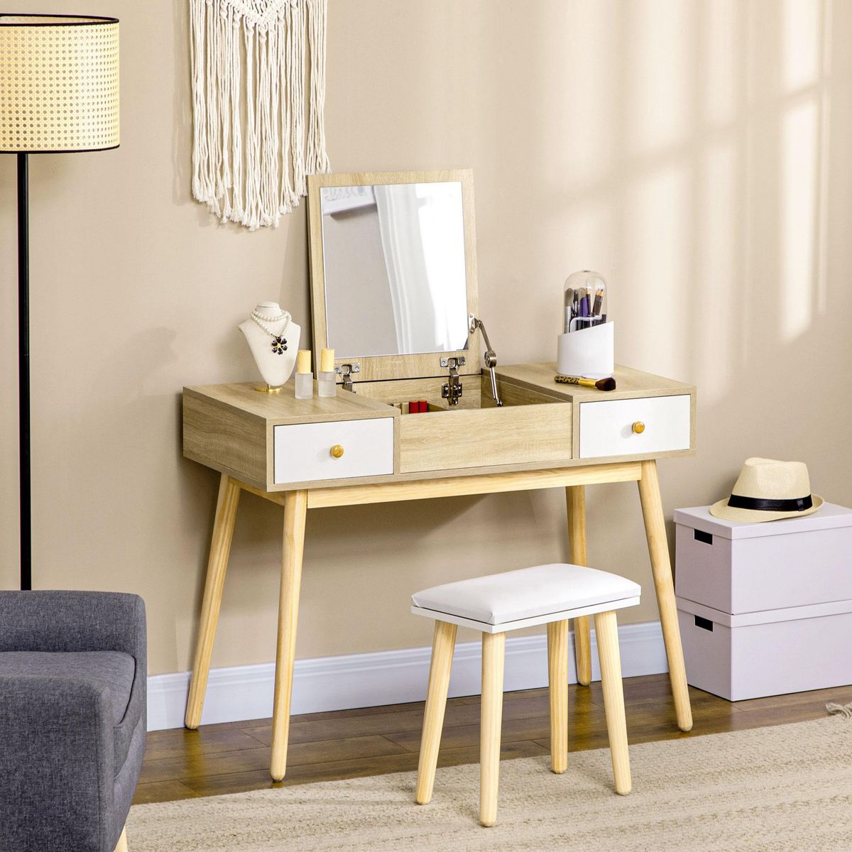 HOMCOM Coiffeuse avec tabouret style scandinave - 2 tiroirs, compartiment porte miroir -  panneaux aspect chêne clair blanc