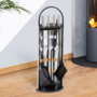 Voir la diapositive 2 : ID MARKET Ensemble serviteur de cheminée noir inox 5 éléments pelle balai tisonnier pince avec support