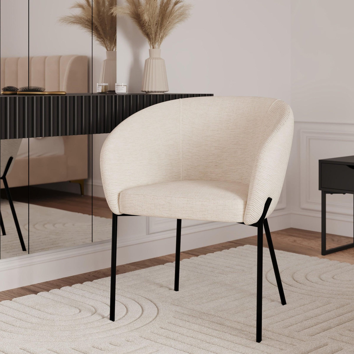 Rendez vous déco Chaise en tissu blanc chiné et pieds en métal noir-Andy
