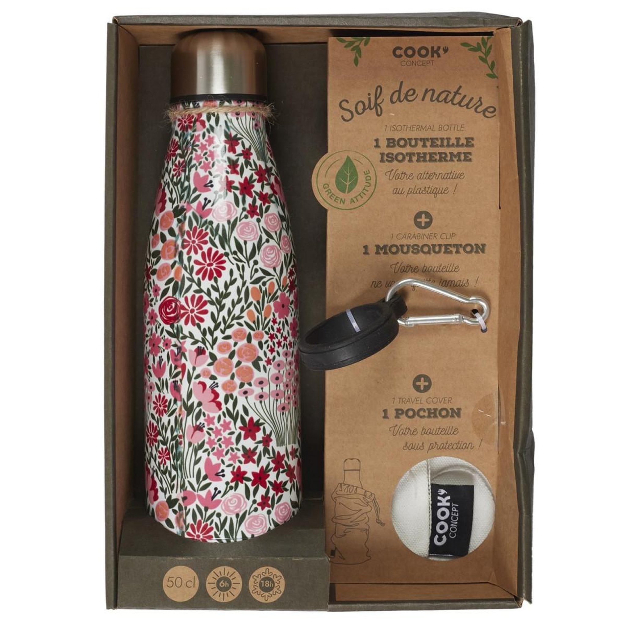 Voir la diapositive 2 : COOK CONCEPT Coffret bouteille isotherme  fleurie  25cm multicolore