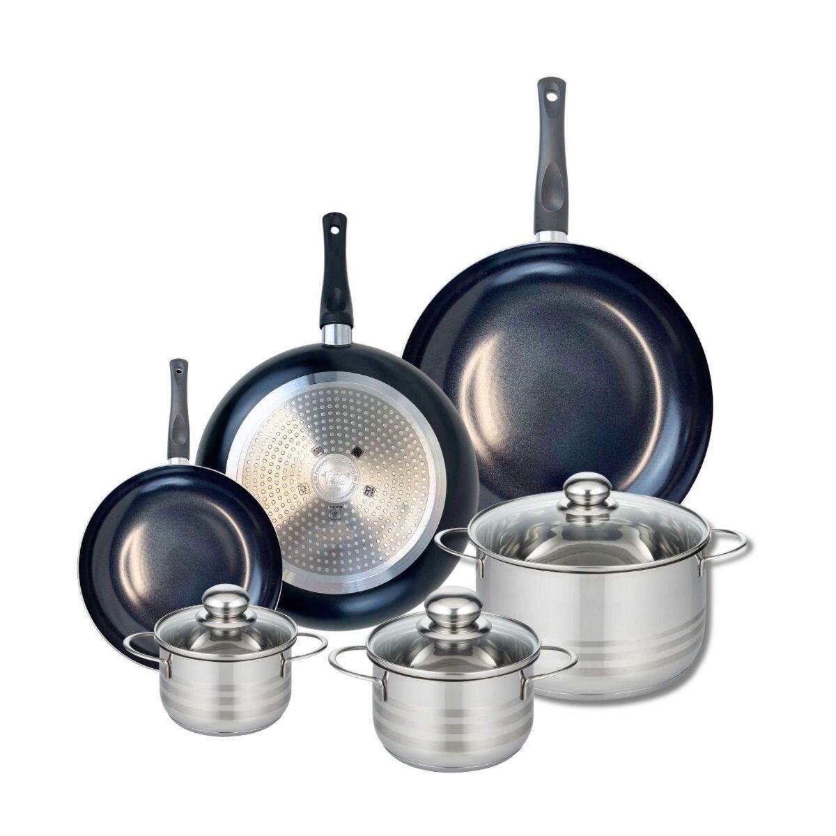 ELO Ensemble de 3 Poêles de cuisson 20, 28 et 32 cm et 3 faitouts 12, 14 et 20 cm Elo Prima Brillant