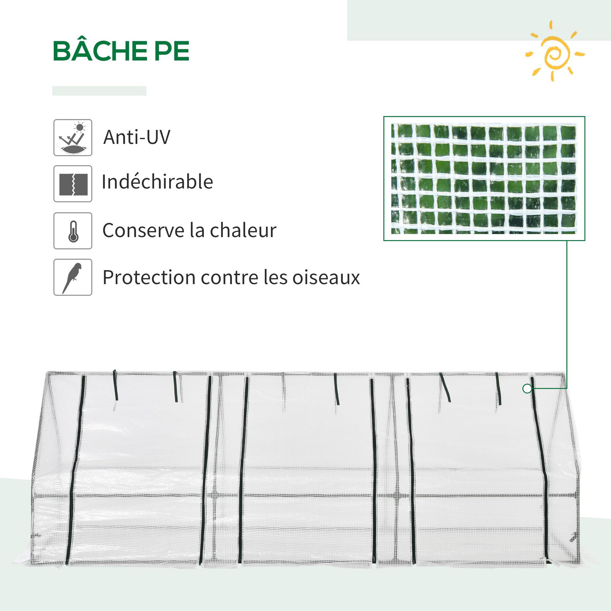 Voir la diapositive 4 : OUTSUNNY Mini serre de jardin serre à tomates 270l x 90l x 90h cm acier pe haute densité 140 g/m² anti-uv 3 fenêtres avec zip enroulables blanc